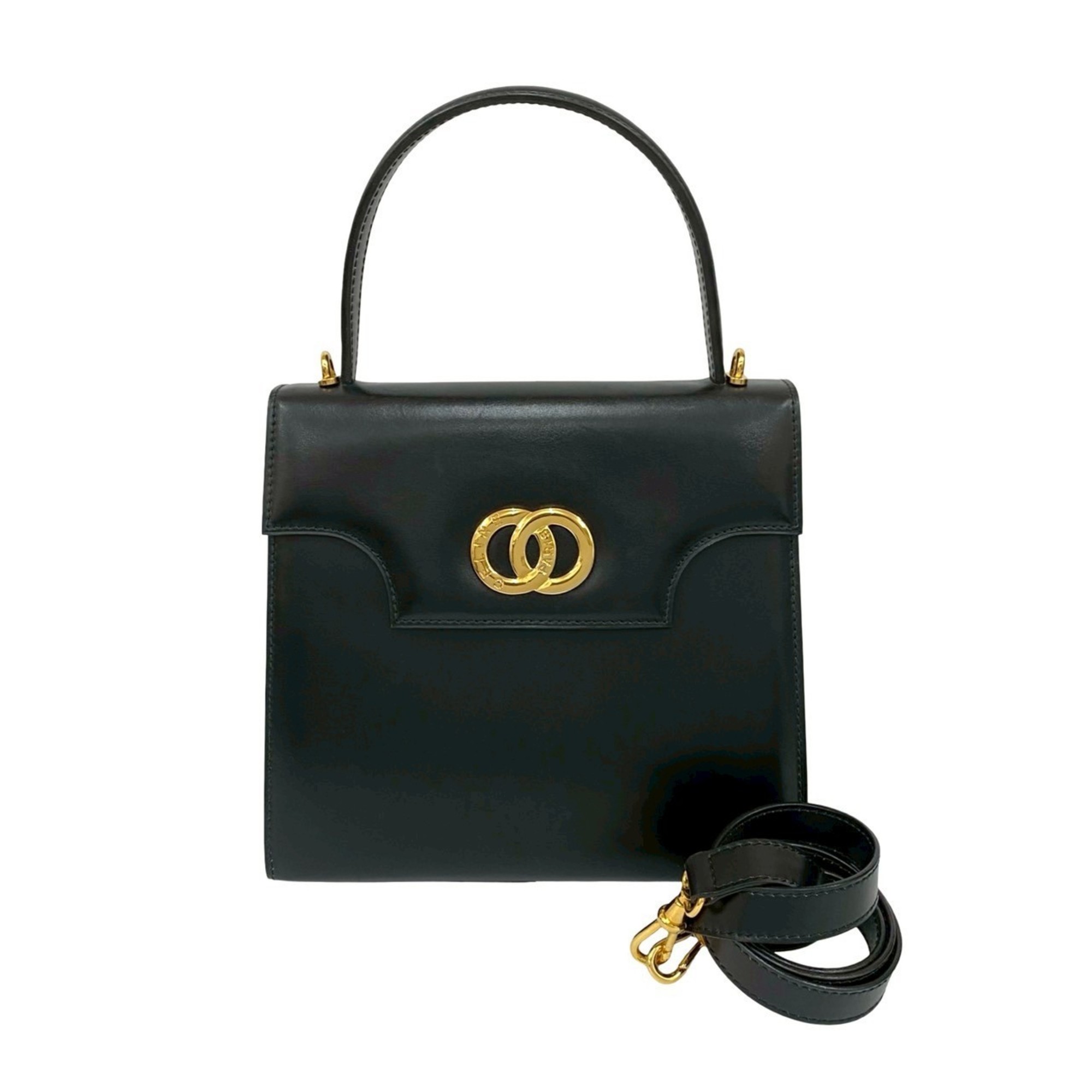 CELINE Circle Logo Hardware Leather 2-Way Handbag/Shoulder Bag Black 227-3