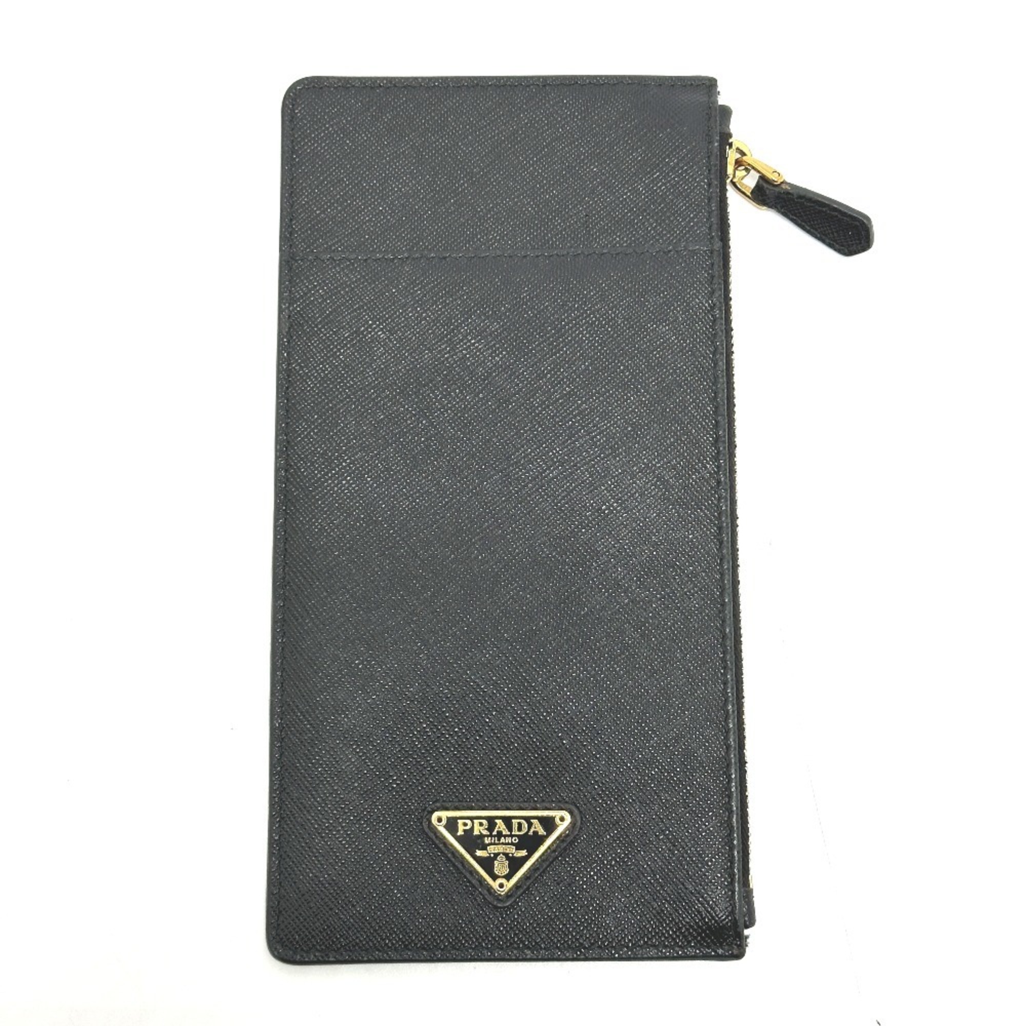PRADA 1MB025 Triangle Plate Document Holder, Fragment Case, Business Card Flat Long Wallet, Saffiano Leather, Women’s, Black