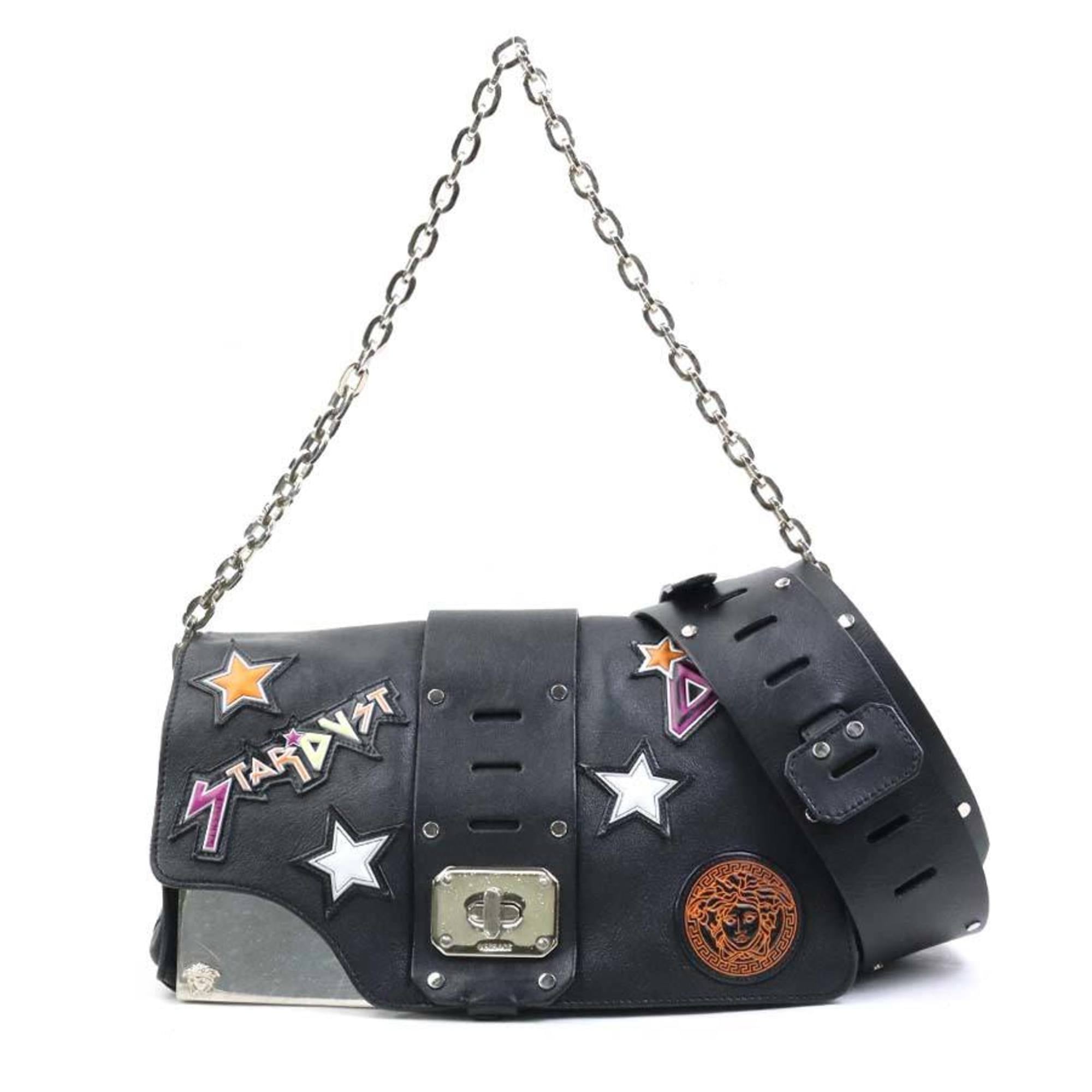 Versace 2-Way Shoulder Bag in Black, Multicolored Leather, and Silver (e60735a)