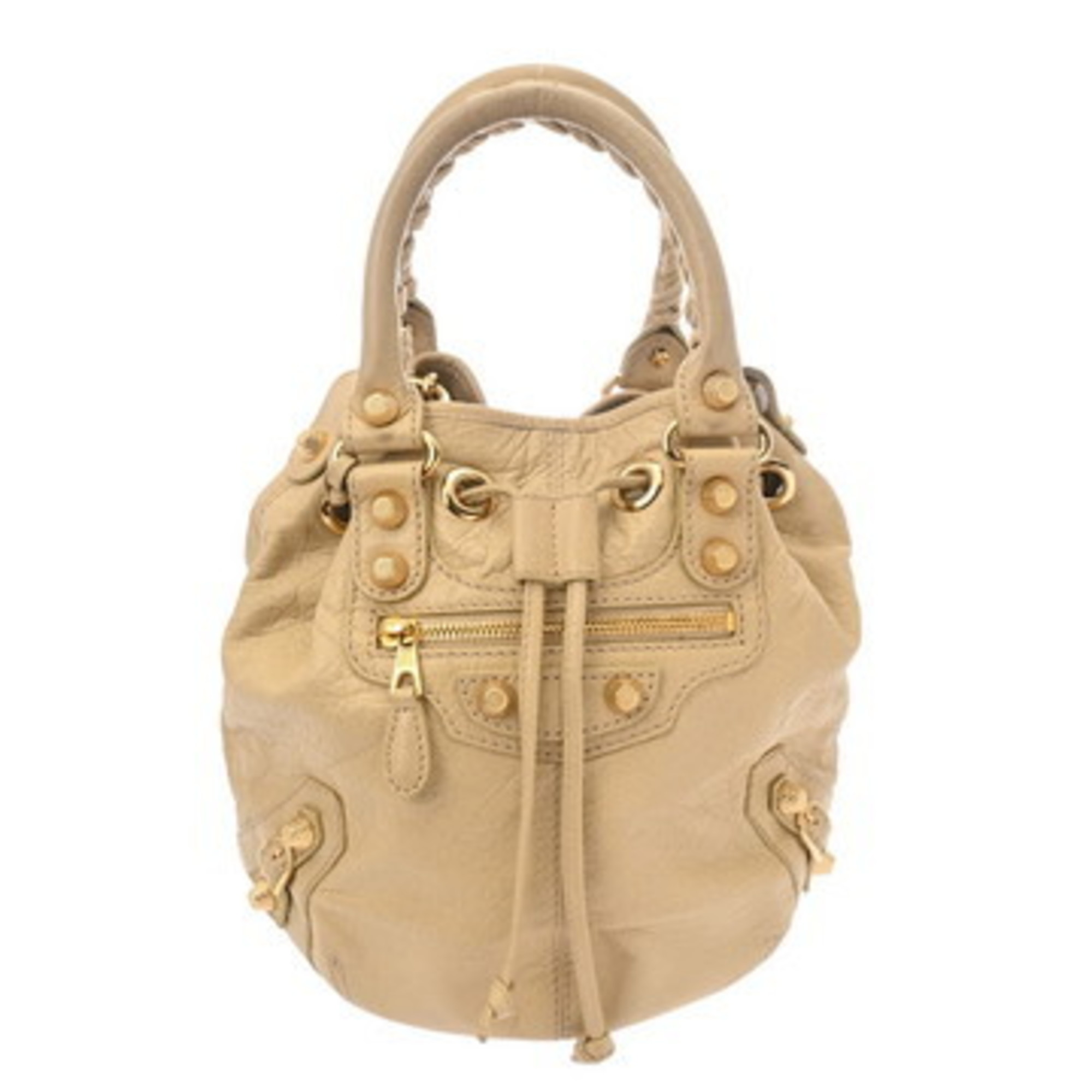 BALENCIAGA Giant Mini Pompon 2-Way Beige Leather Handbag with Gold Hardware, 285439, Women’s, Condition: AB, Pre-Owned, Ginzo