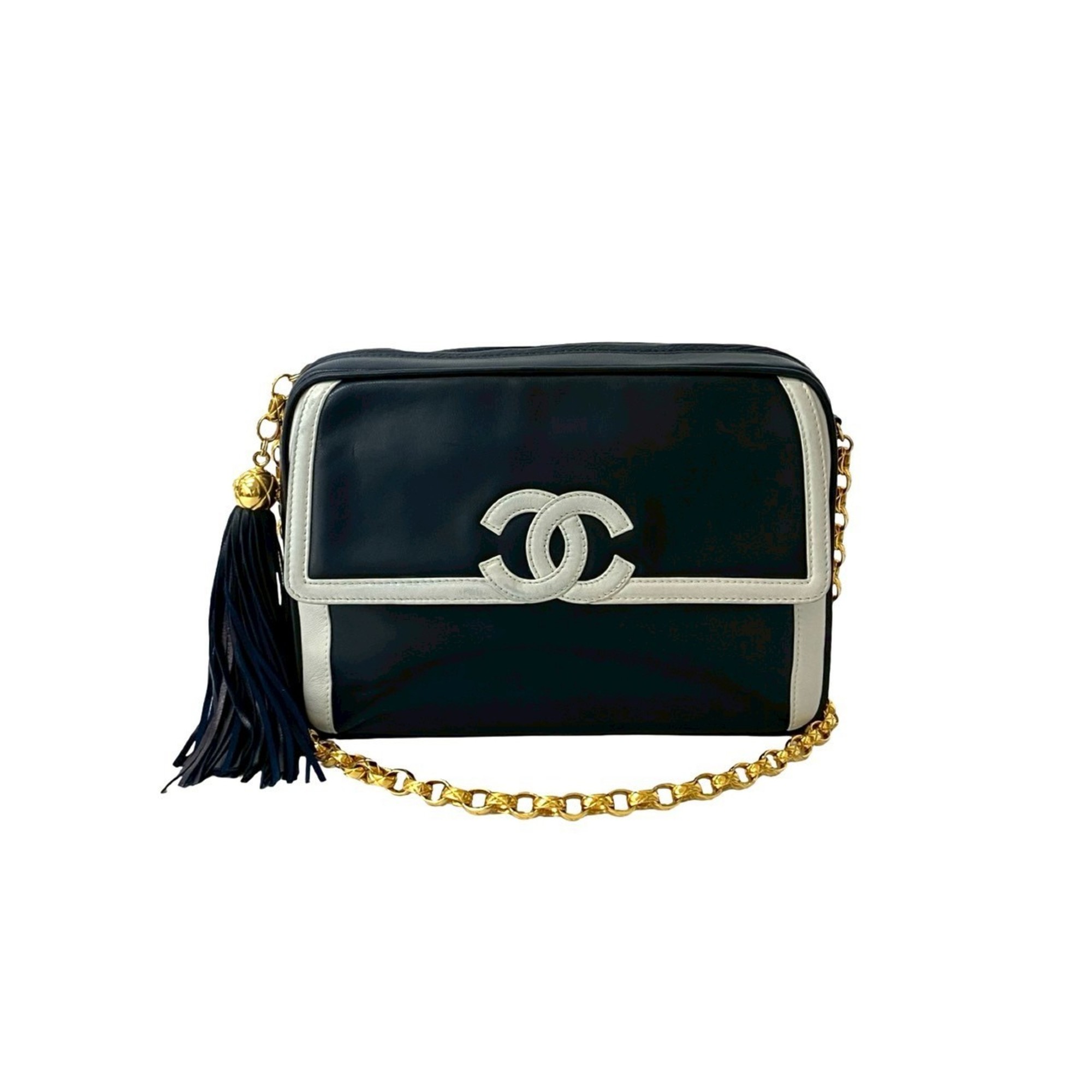 CHANEL Vintage Coco Lambskin Leather Tassel Chain Shoulder Bag, Navy Blue, 33935