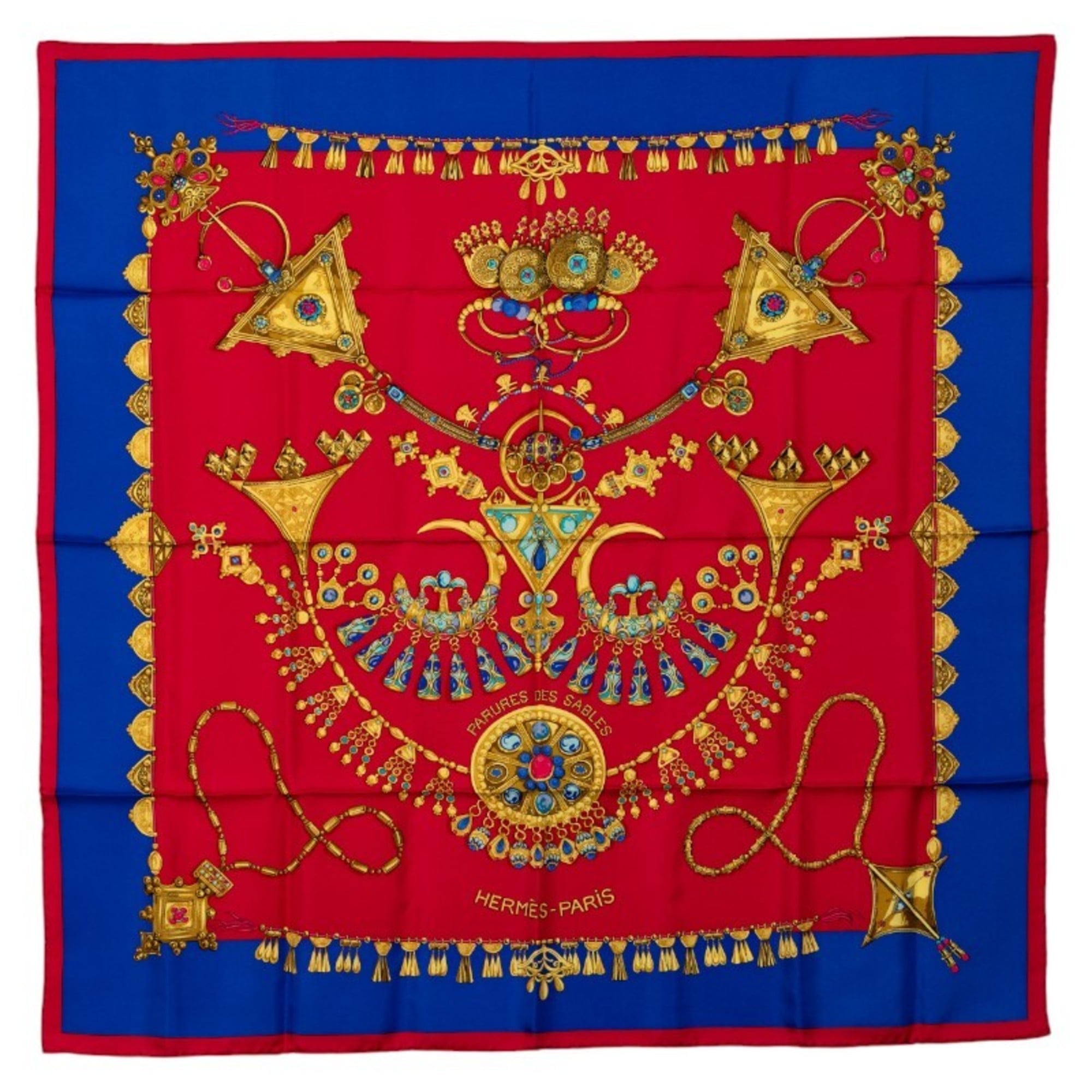Hermes HermÃ¨s CarrÃ© 90 “PARURES DES SABLES” Desert Accessory Scarf/Muffler in Red and Multicolored Silk for Women