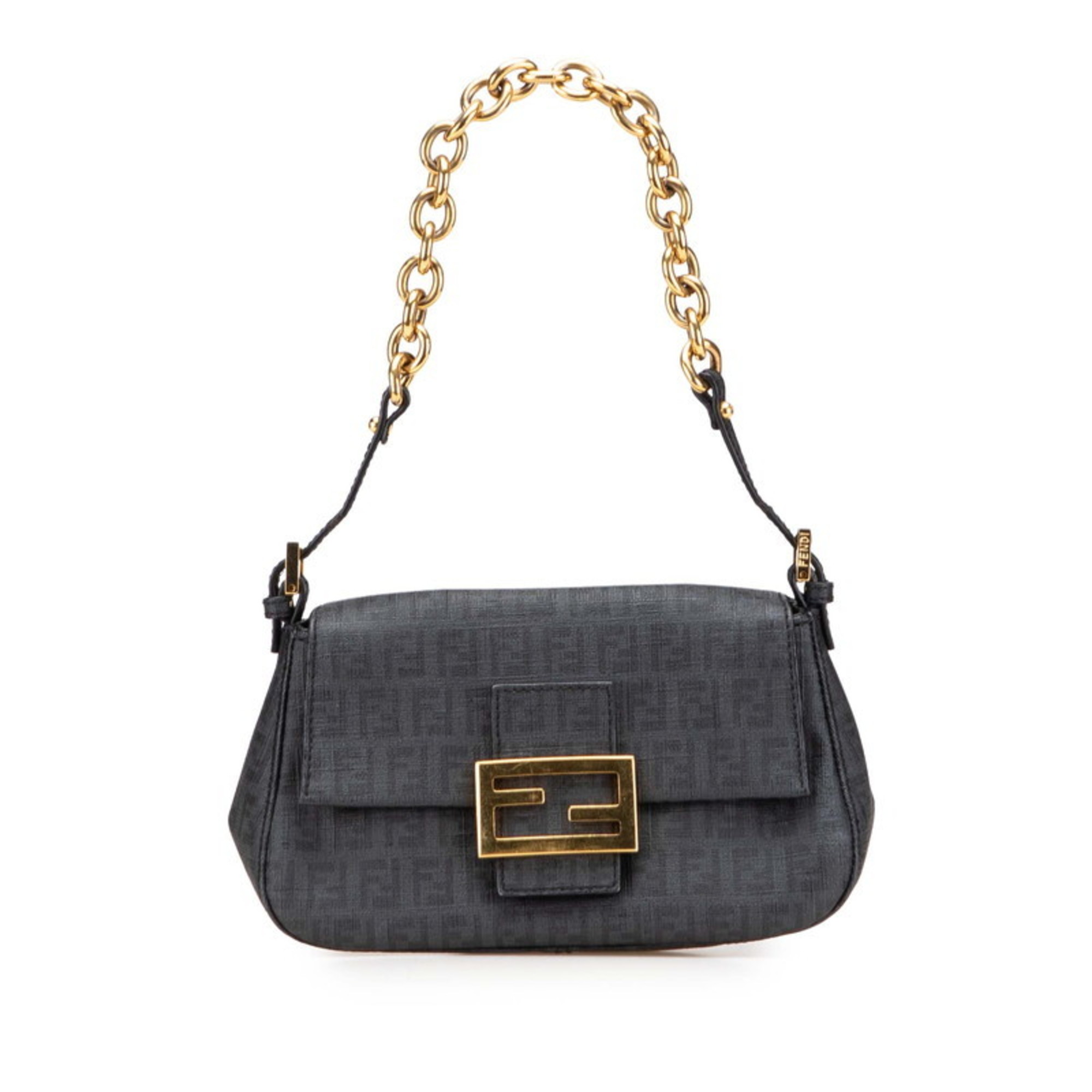 FENDI Zucchino Mini Mamma Bucket Chain Handbag 8BR180 Black Leather Women’s