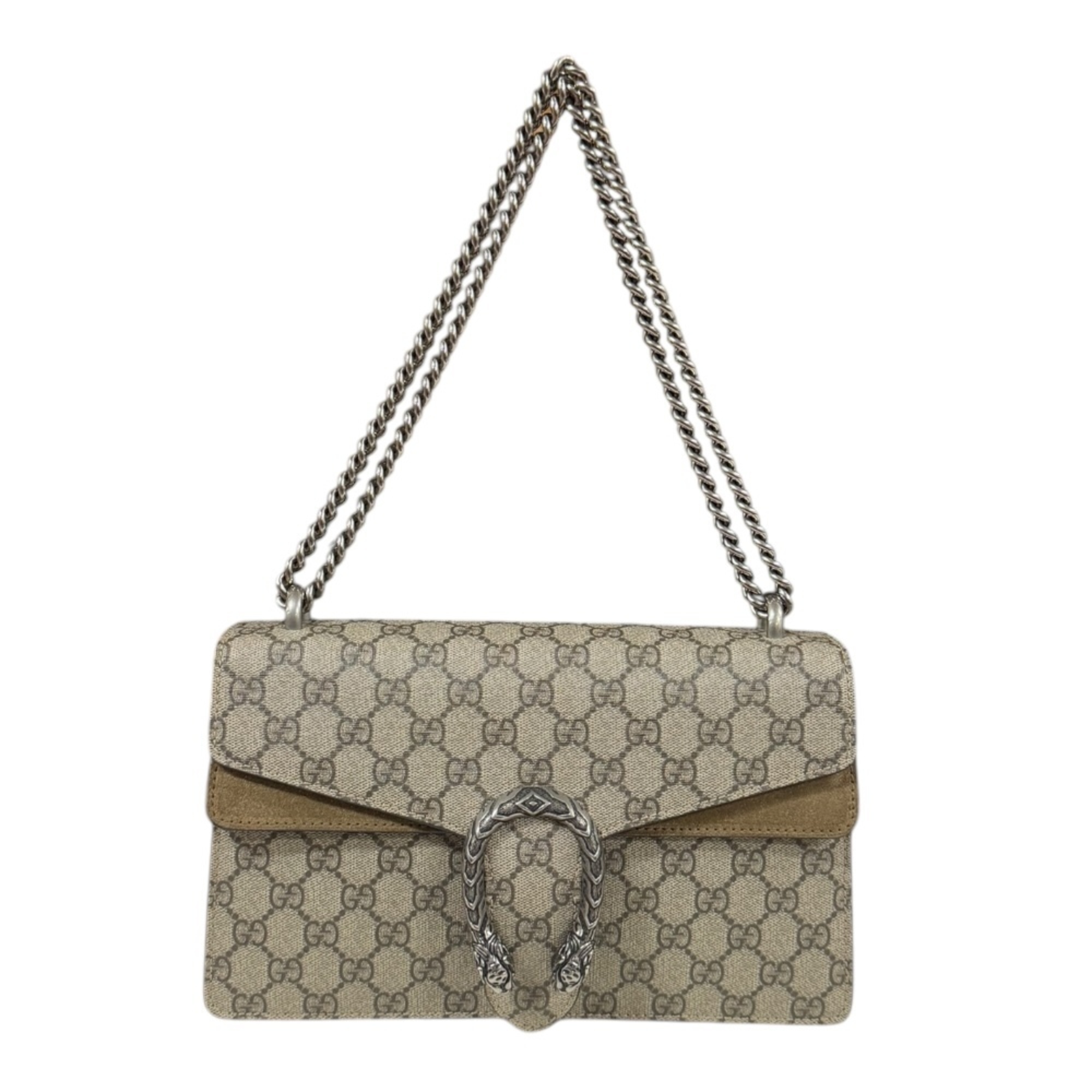 Gucci Dionysus Medium Shoulder Bag in GG Supreme Canvas (400249) – Beige, Women’s, with Chain.