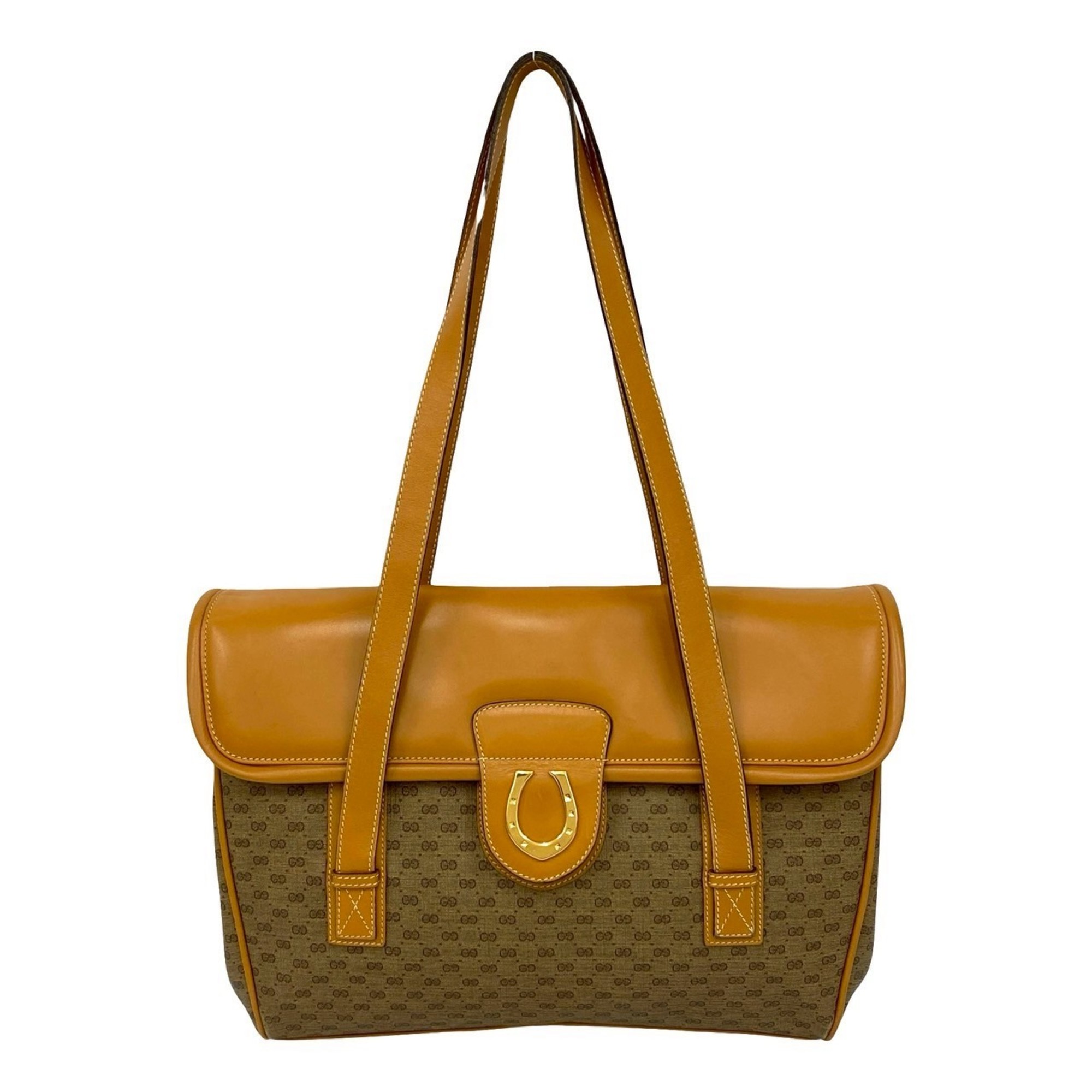 GUCCI Old Gucci Micro GG Horseshoe Leather Semi-Shoulder Bag Tote Brown 802-7