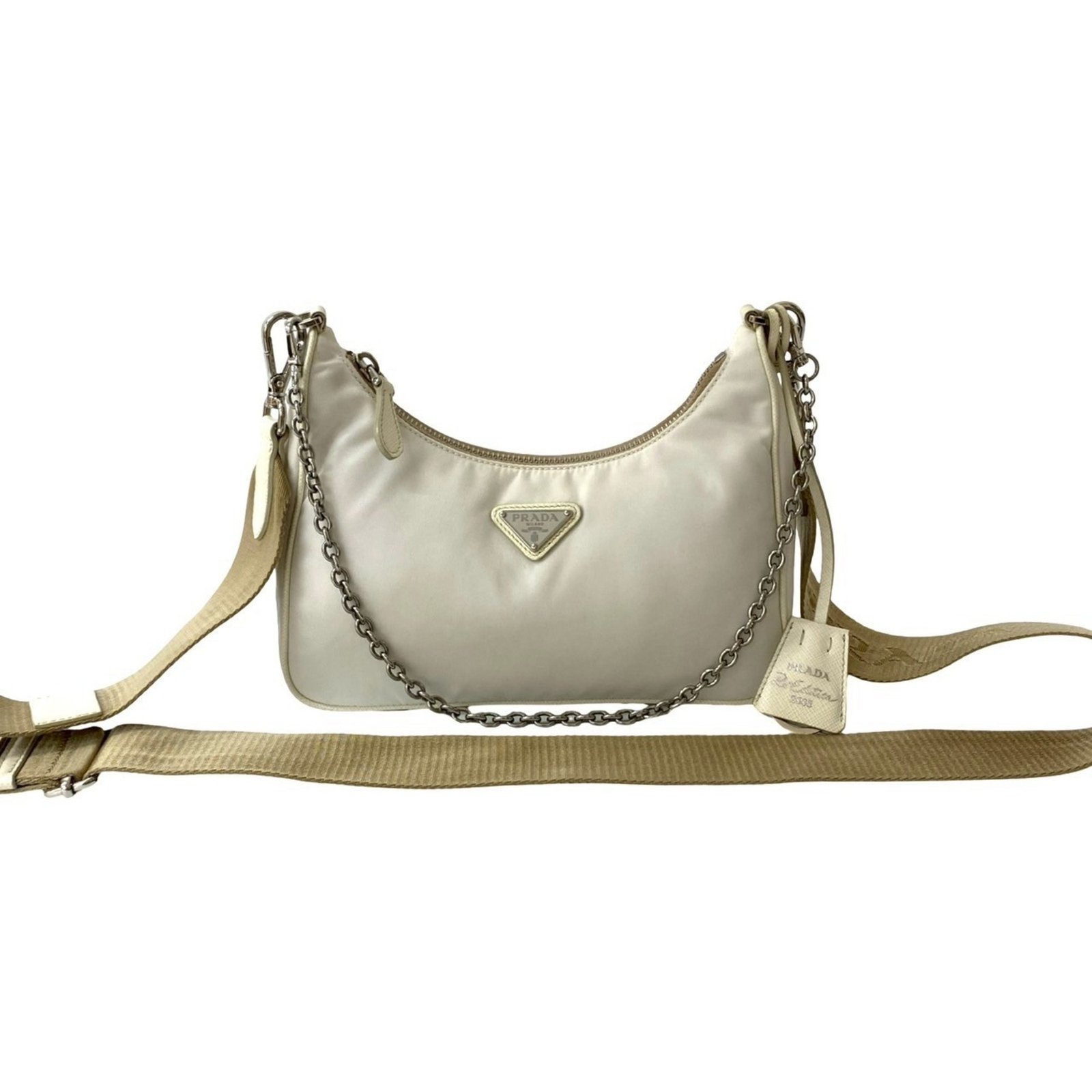 PRADA Re-Edition Triangle Logo Hardware Nylon Saffiano Leather 2-Way Chain Semi-Shoulder Bag/Pochette 19664