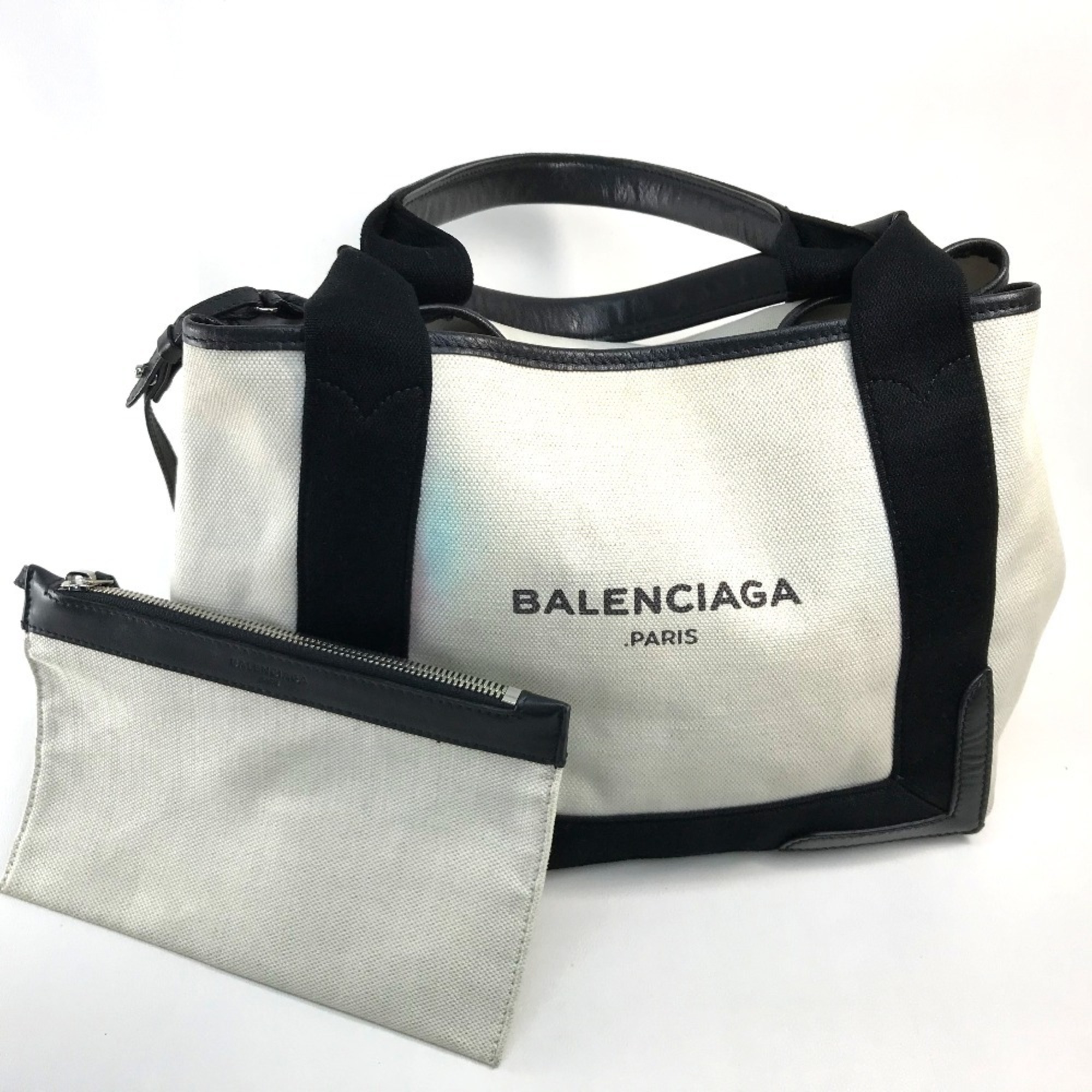BALENCIAGA 339933 Cabas S Logo Tote Bag, Canvas/Leather, Women’s, White/Black