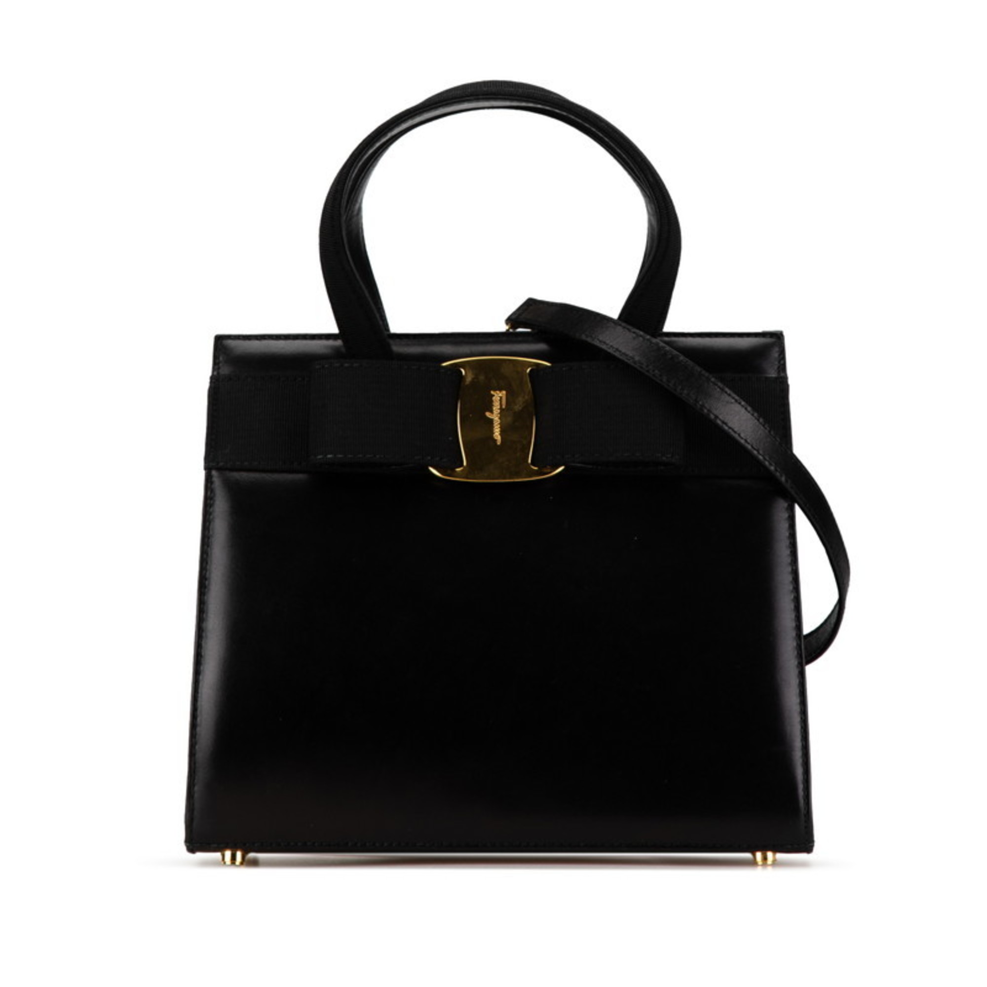 Salvatore Ferragamo Vara Ribbon Handbag Shoulder Bag BA214178 Black Gold Leather Women’s