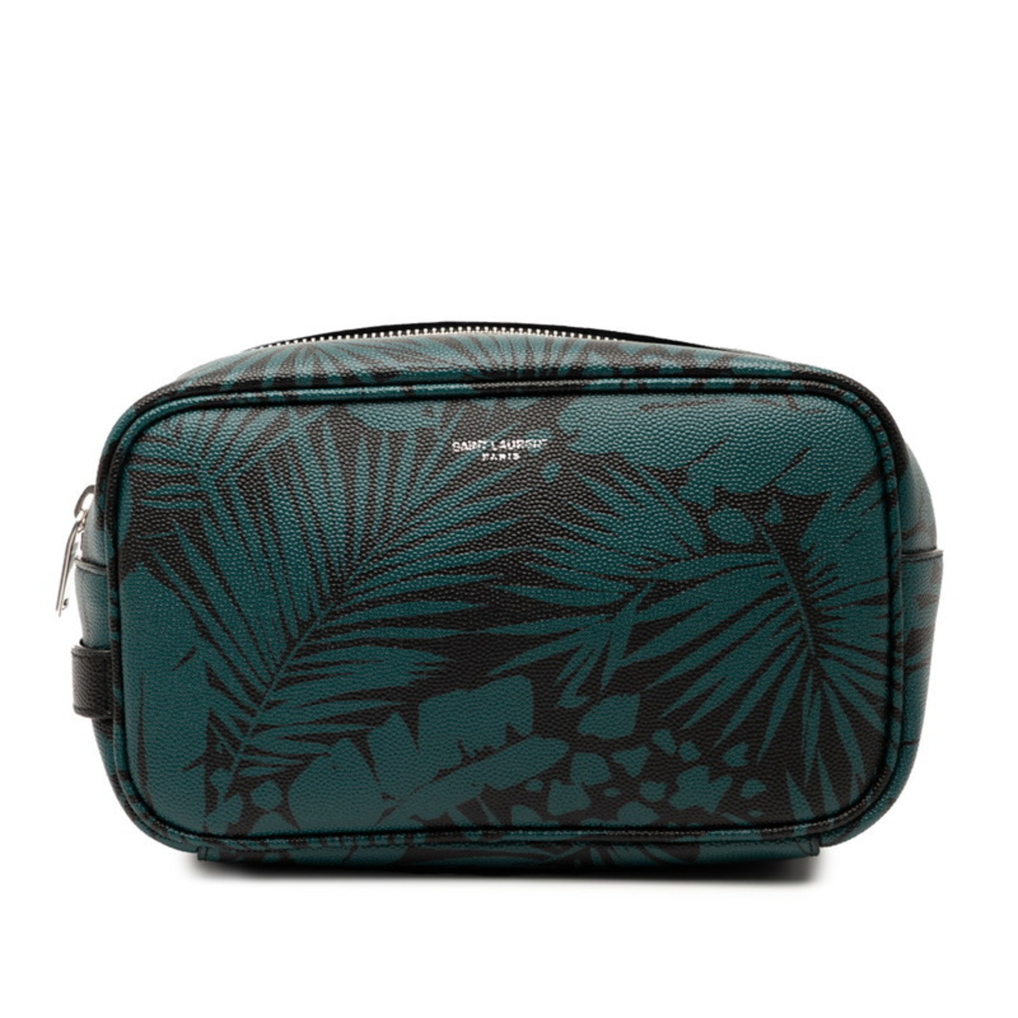 Saint Laurent Botanical Print Pouch 650125 Green Black Leather Women’s SAINT LAURENT