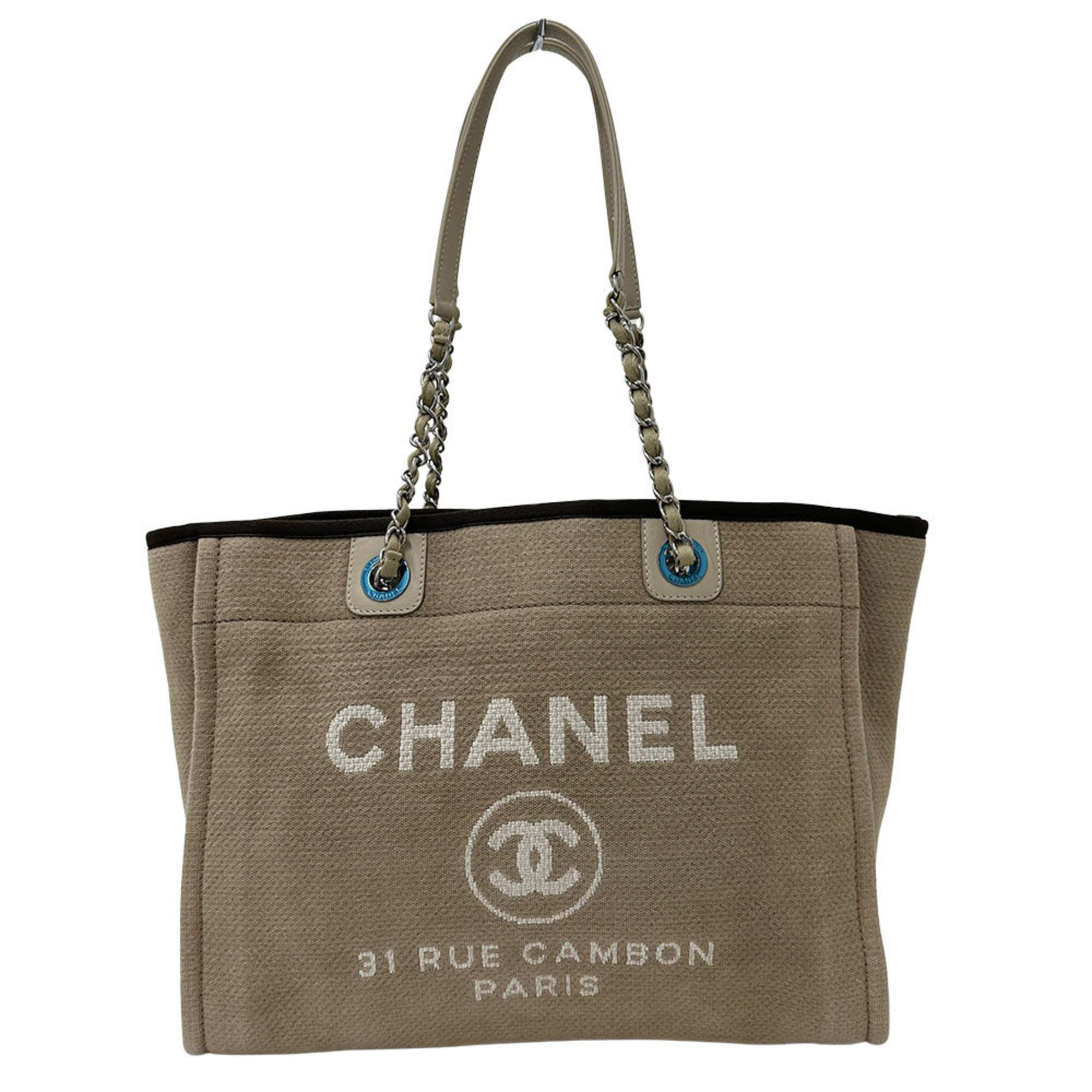 CHANEL Deauville Chain Tote Bag, Women’s, Beige Canvas with Silver Hardware