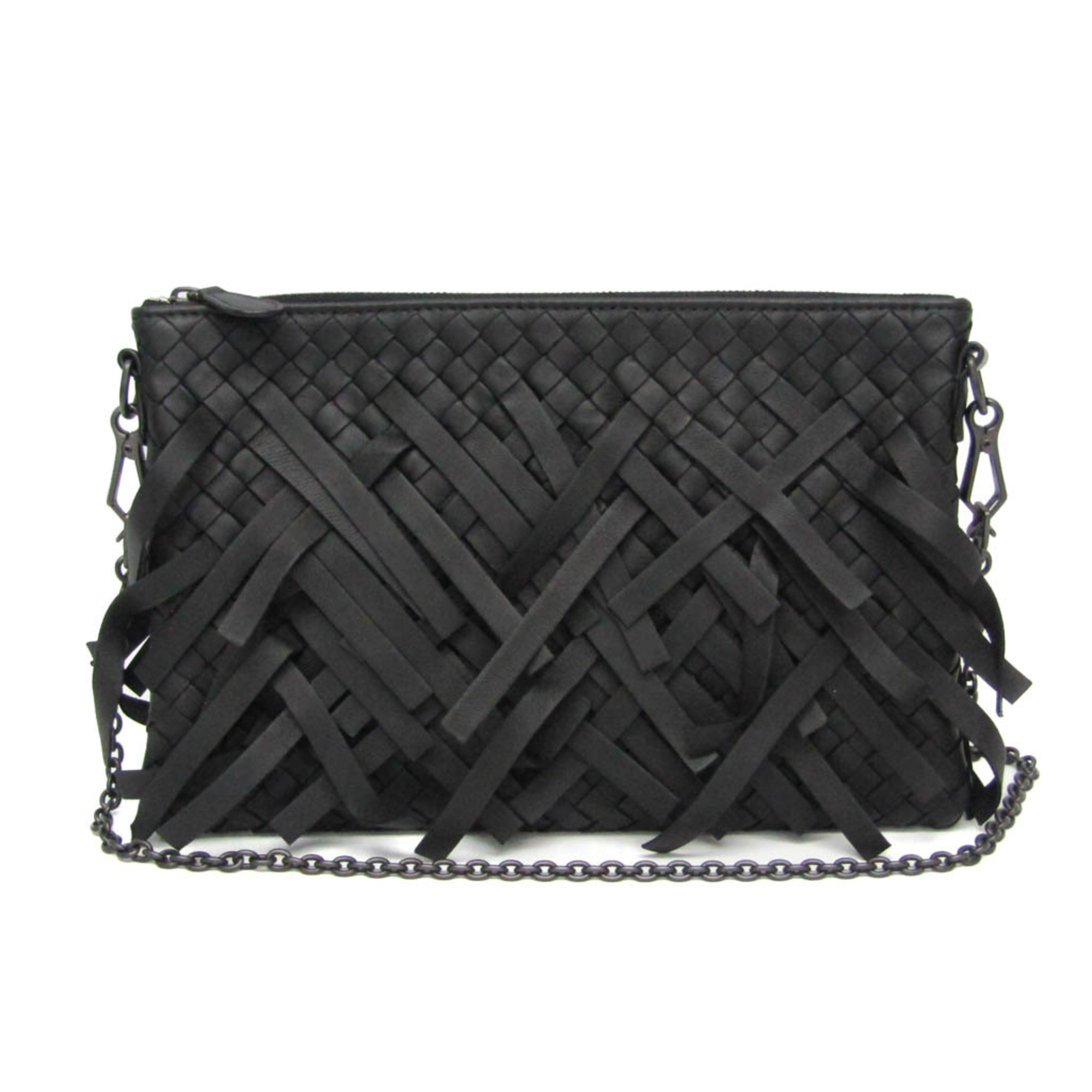 Bottega Veneta Intrecciato Fringed Chain Shoulder Bag Women’s Leather Shoulder Bag Black