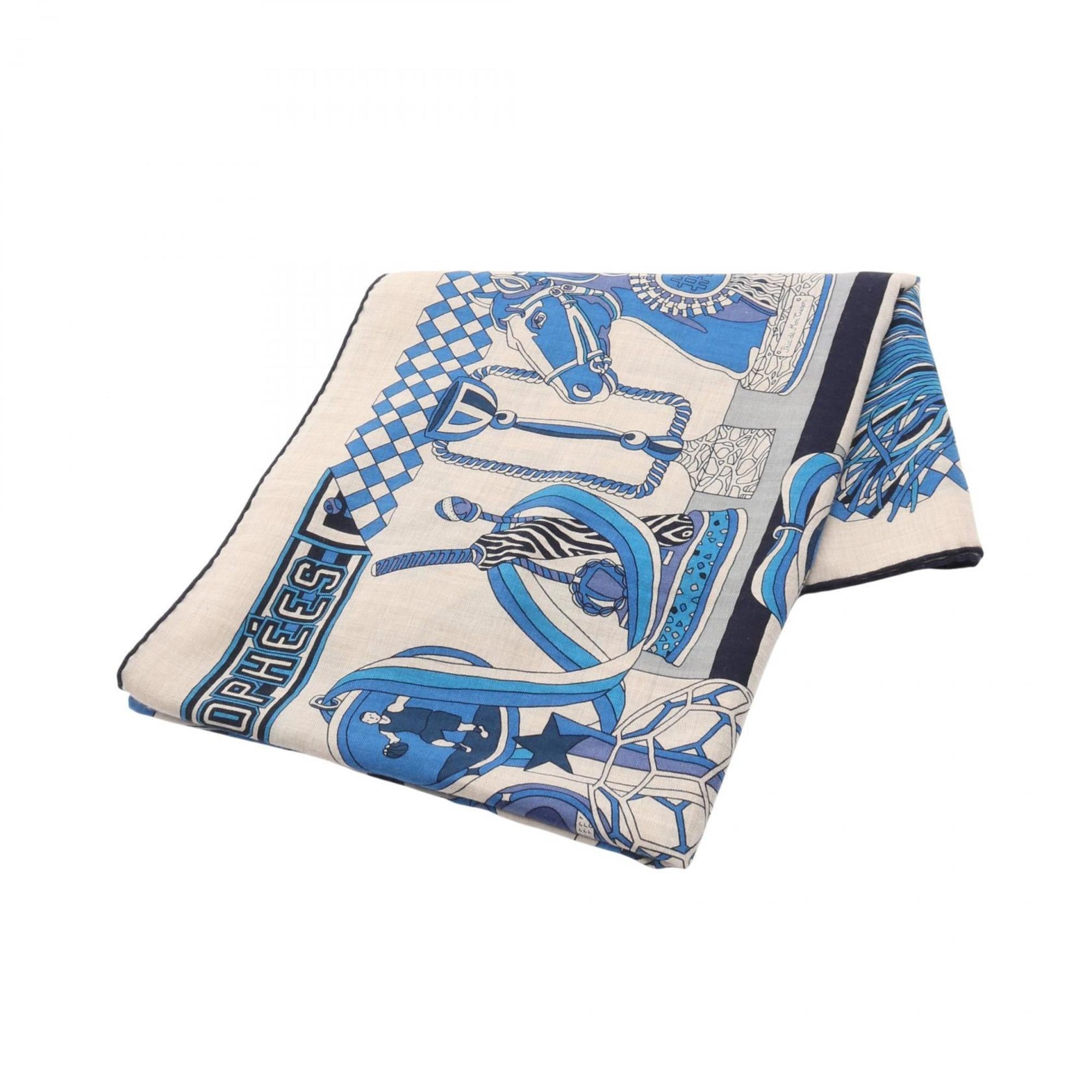 Hermes HermÃ¨s CarrÃ© Jean 140 LES TROPHEES Scarf, Silk, Cashmere, Women’s, Beige, Navy, Blue
