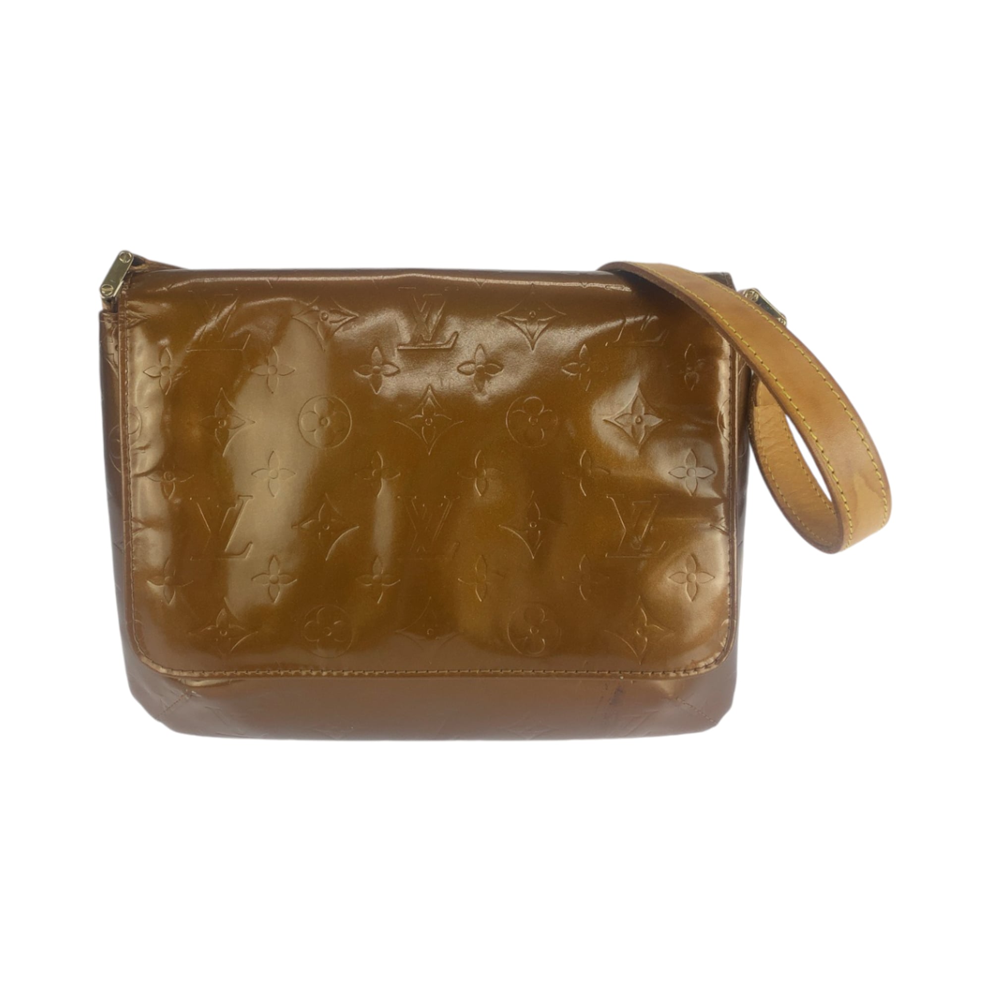 LOUIS VUITTON Vernis Thompson Street Shoulder Bag M91301 in Bronze, Brown, Gold Hardware, and Patent Leather.