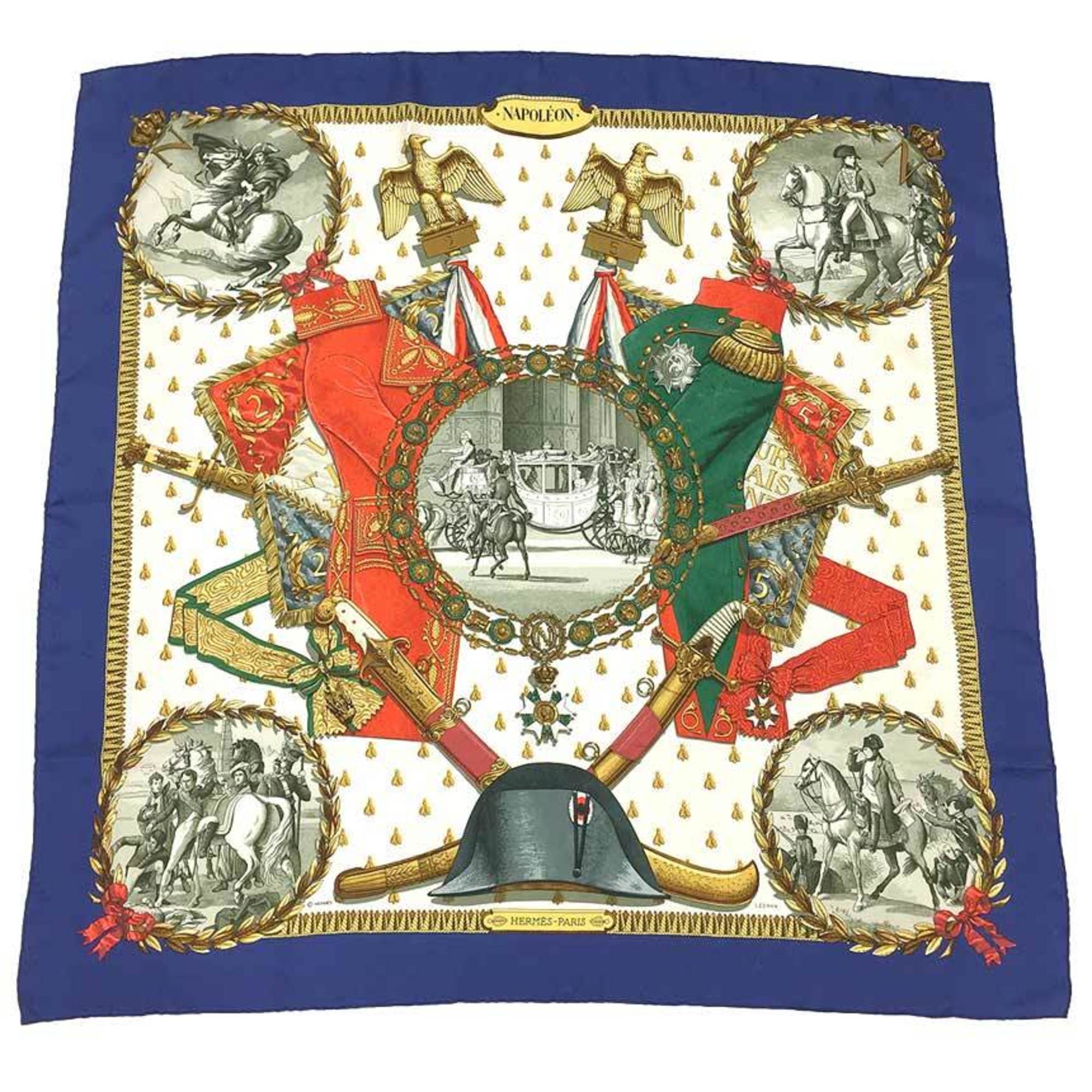 HERMES Hermes Carre 90 Scarf Muffler NAPOLEON Napoleon Bee Embroidery 100% Silk Blue x White