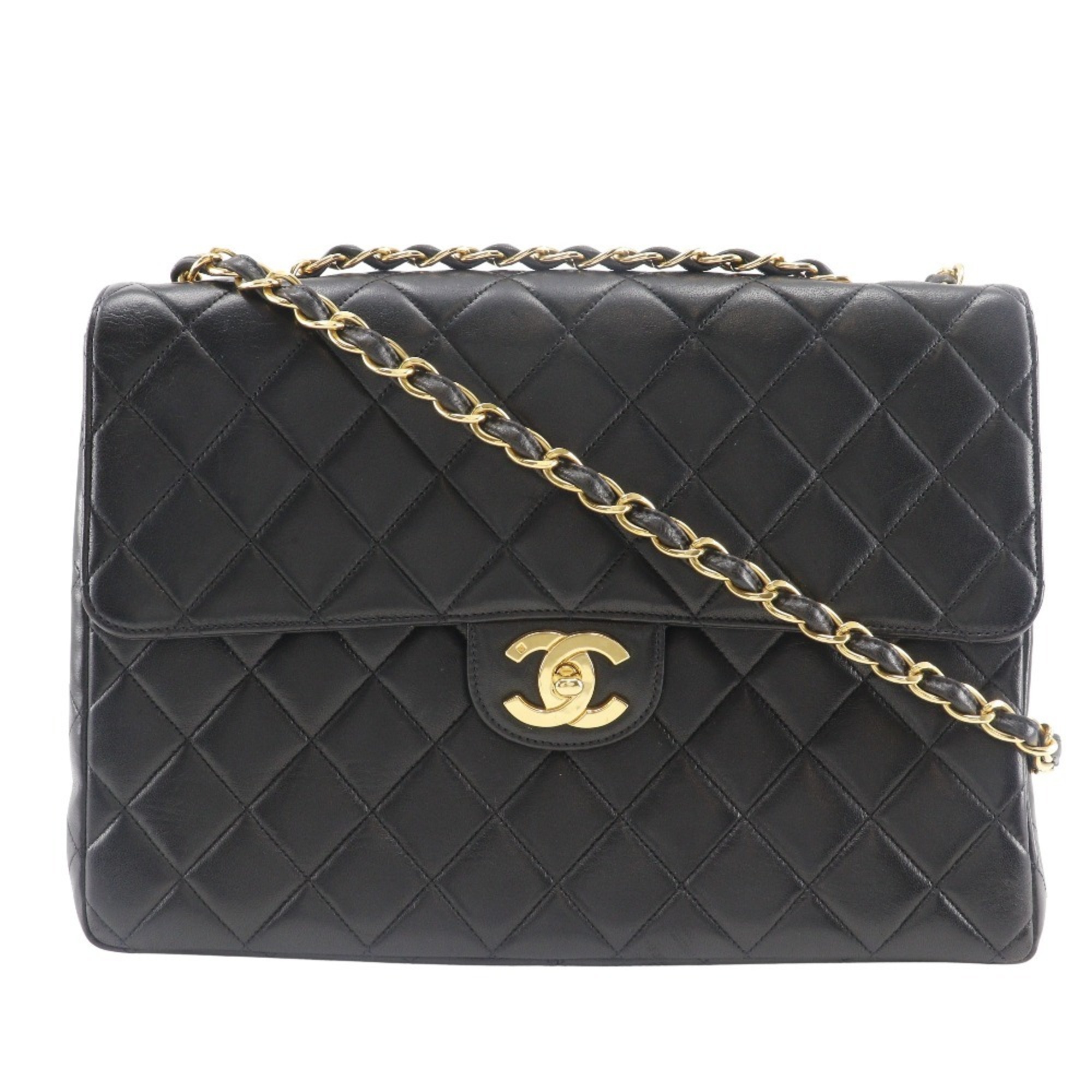 CHANEL Deca Matelasse Shoulder Bag Double Chain Lambskin Black A5 Turnlock Women’s