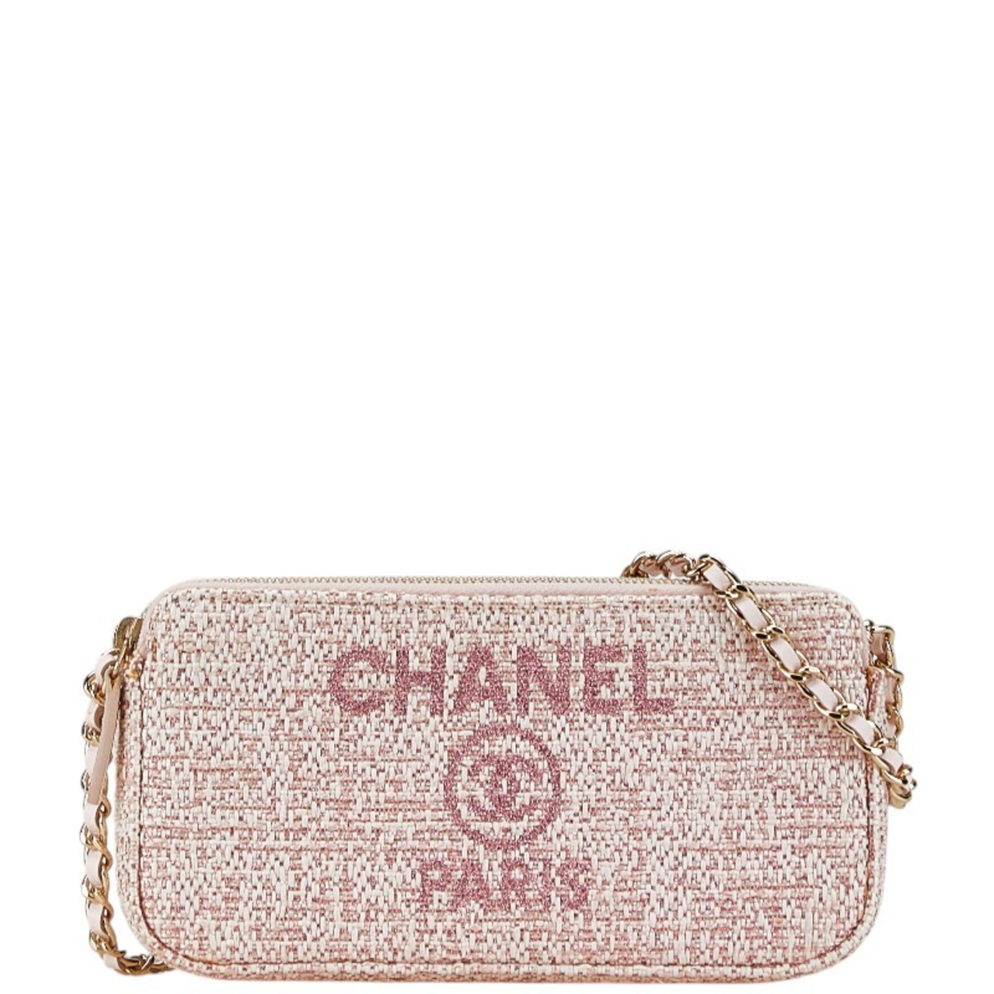 CHANEL Deauville Coco Mark Crossbody Chain Shoulder Bag A84415 Pink Tweed Leather Women’s