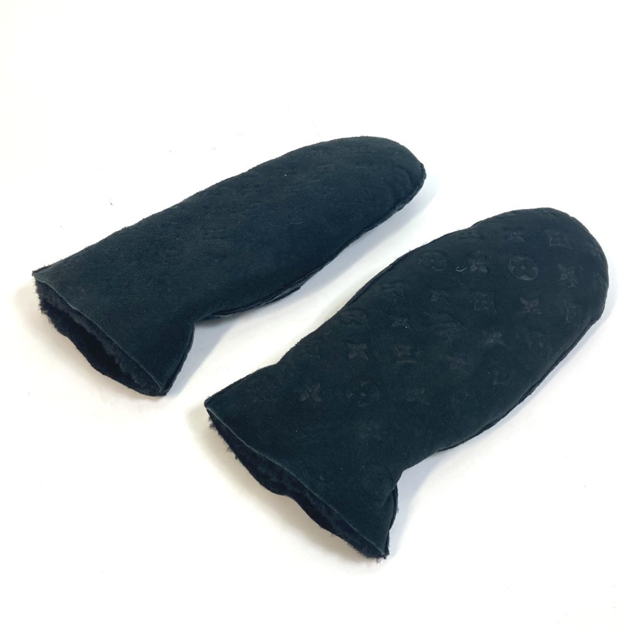 LOUIS VUITTON M76454 Monogram Muff Shirring Lamb Shearling Gloves Mittens Leather Women’s Black