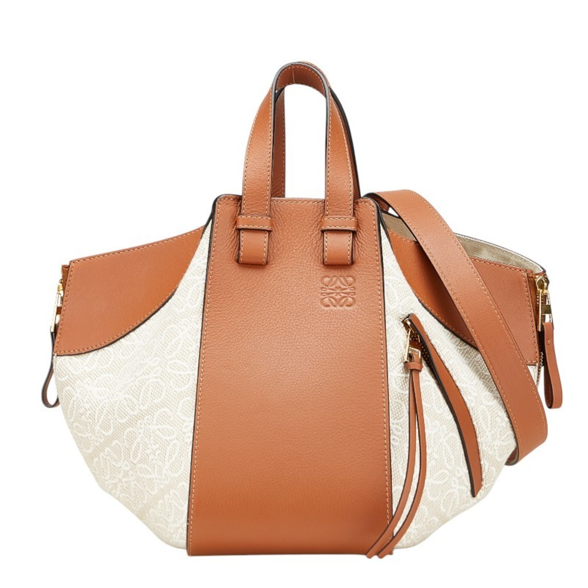 LOEWE Repeat Anagram Hammock Small Handbag/Shoulder Bag, 2-Way, Beige/Brown Canvas and Leather, Women’s