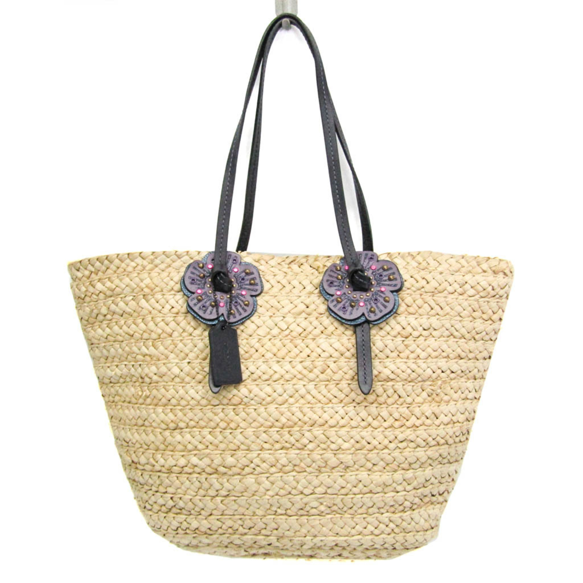 Coach With Tea Rose Woven 68610 Women’s Leather,Straw Tote Bag Beige,Purple