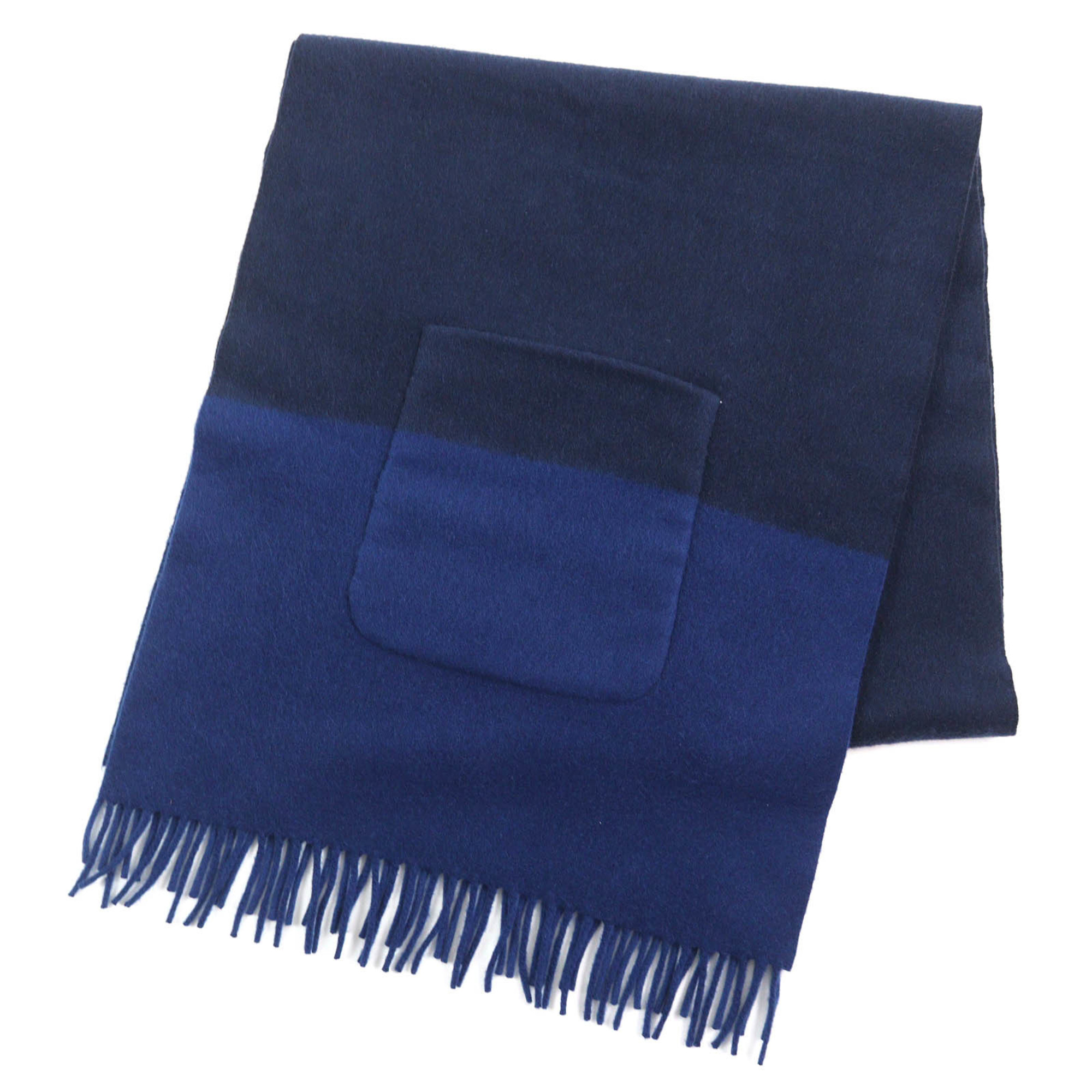 HERMES H259096S Allumette Pocket 100% Cashmere Marine Cobalt Leather Tag Fringe Large Shawl Scarf Two-Tone Made in Italy Women’s