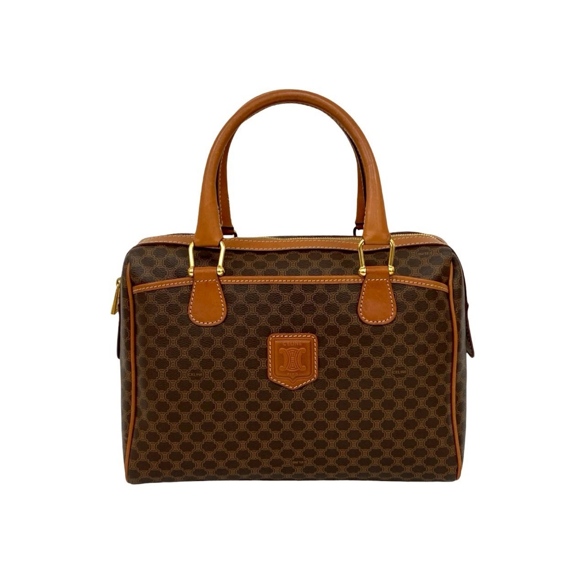 CELINE Vintage Macadam Blason with Triomphe Logo Leather Handbag/Mini Boston Bag, Brown, 73261