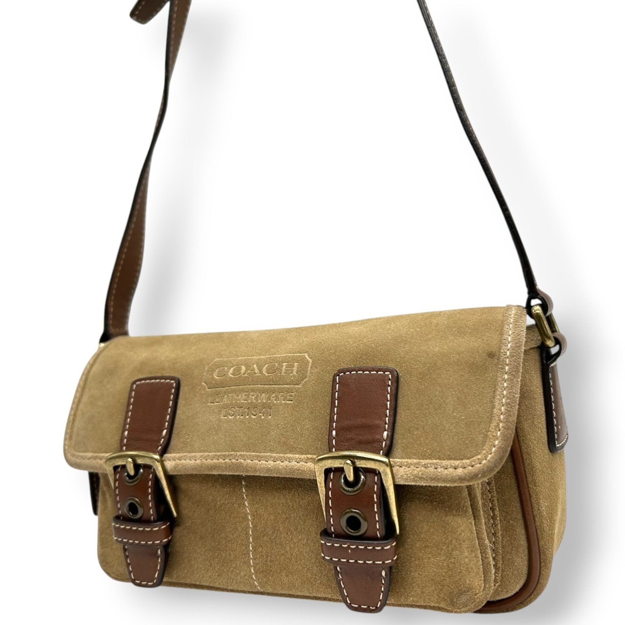 Coach 9358 Suede Leather Shoulder Bag/Pochette in Beige, Camel, and Brown with Double Buckle, Women’s, Size s88