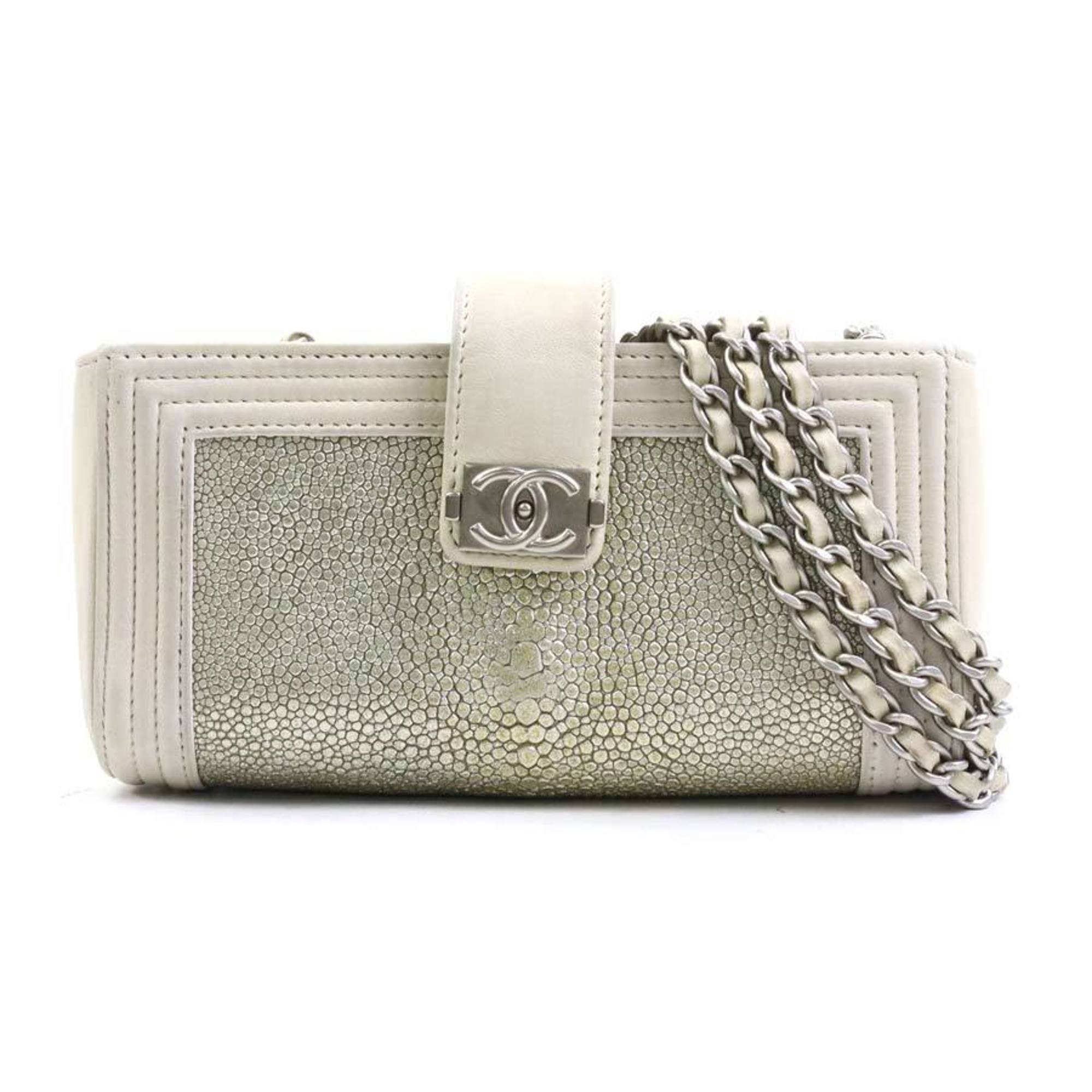 CHANEL Shoulder Bag Leather Galuchat Ivory Gold Silver Women’s e60076a