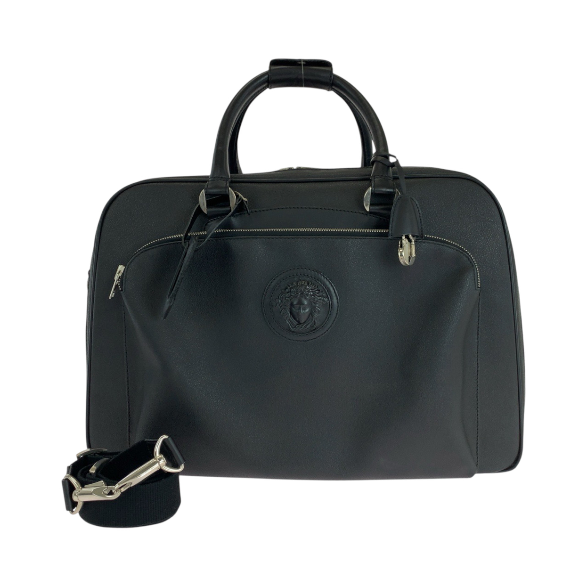 Gianni Versace Medusa black leather Boston bag with silver hardware for men.