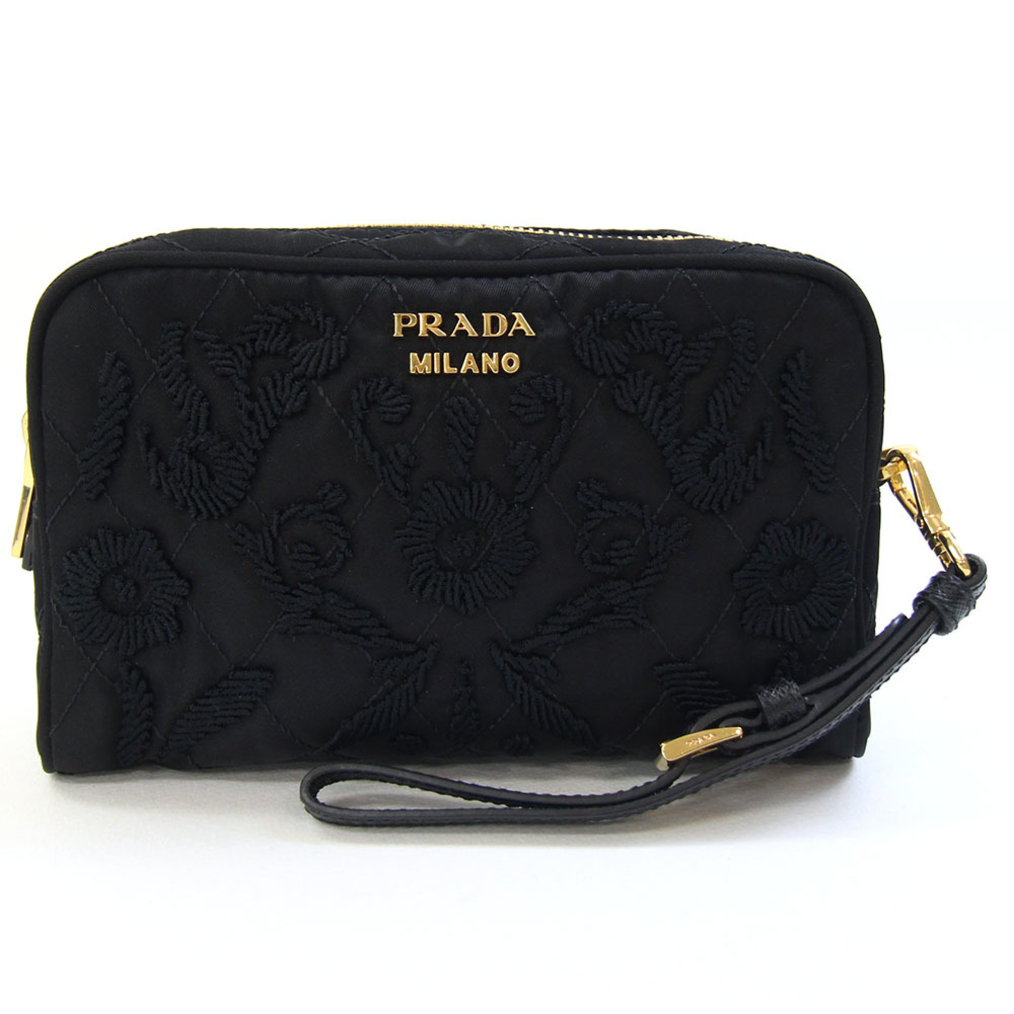 Prada Pouch 1NE021 Black Nylon and Leather Clutch Bag with Strap, Floral Embroidery, Women’s, PRADA