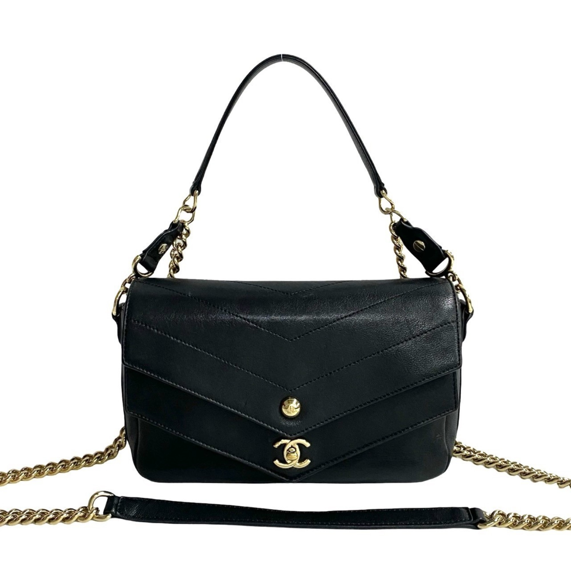 CHANEL Coco Mark V-Stitch Leather Chain 2-Way Handbag/Shoulder Bag, Black, 28583