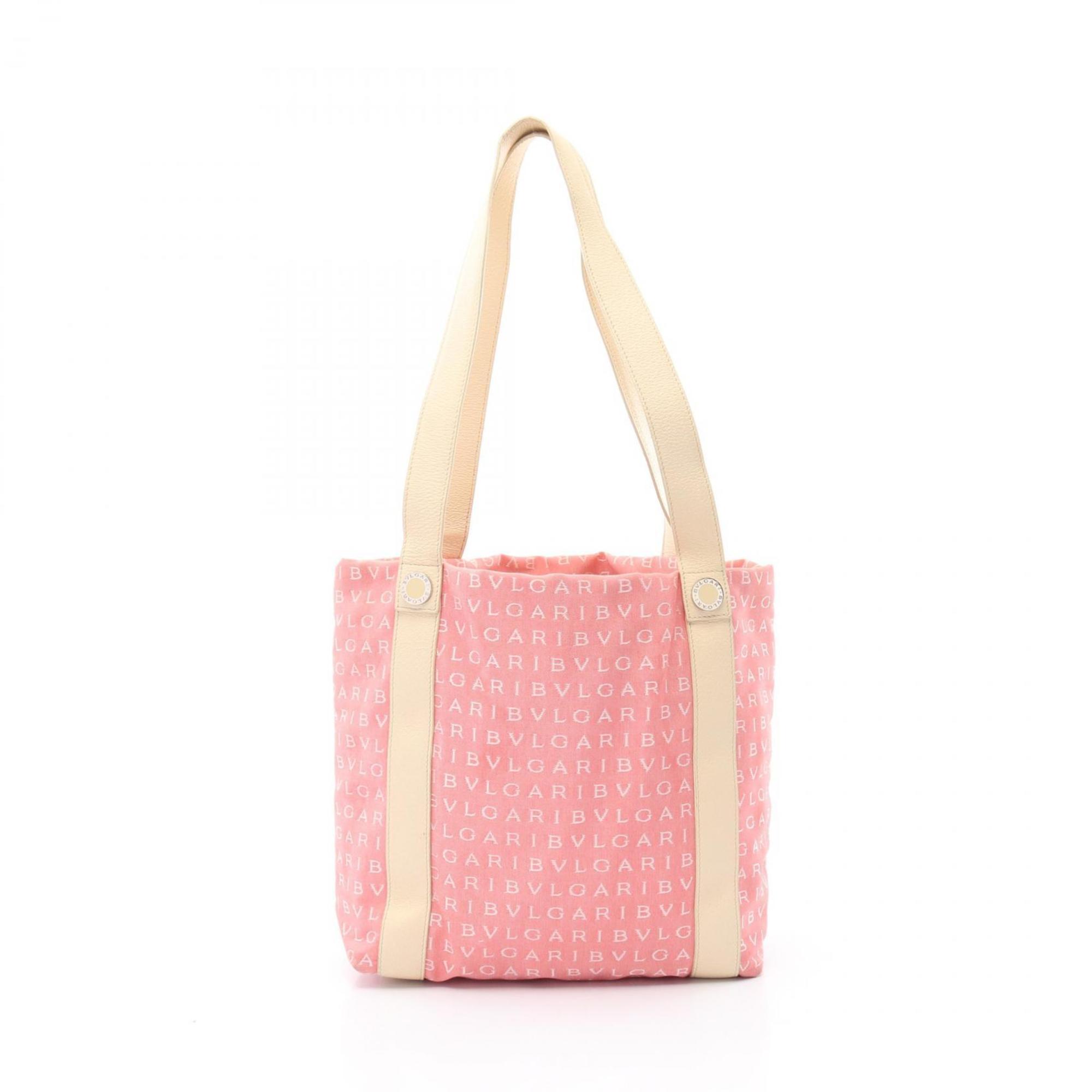 BVLGARI Logomania Tote Bag, Canvas and Leather, Women’s, Pink Ivory