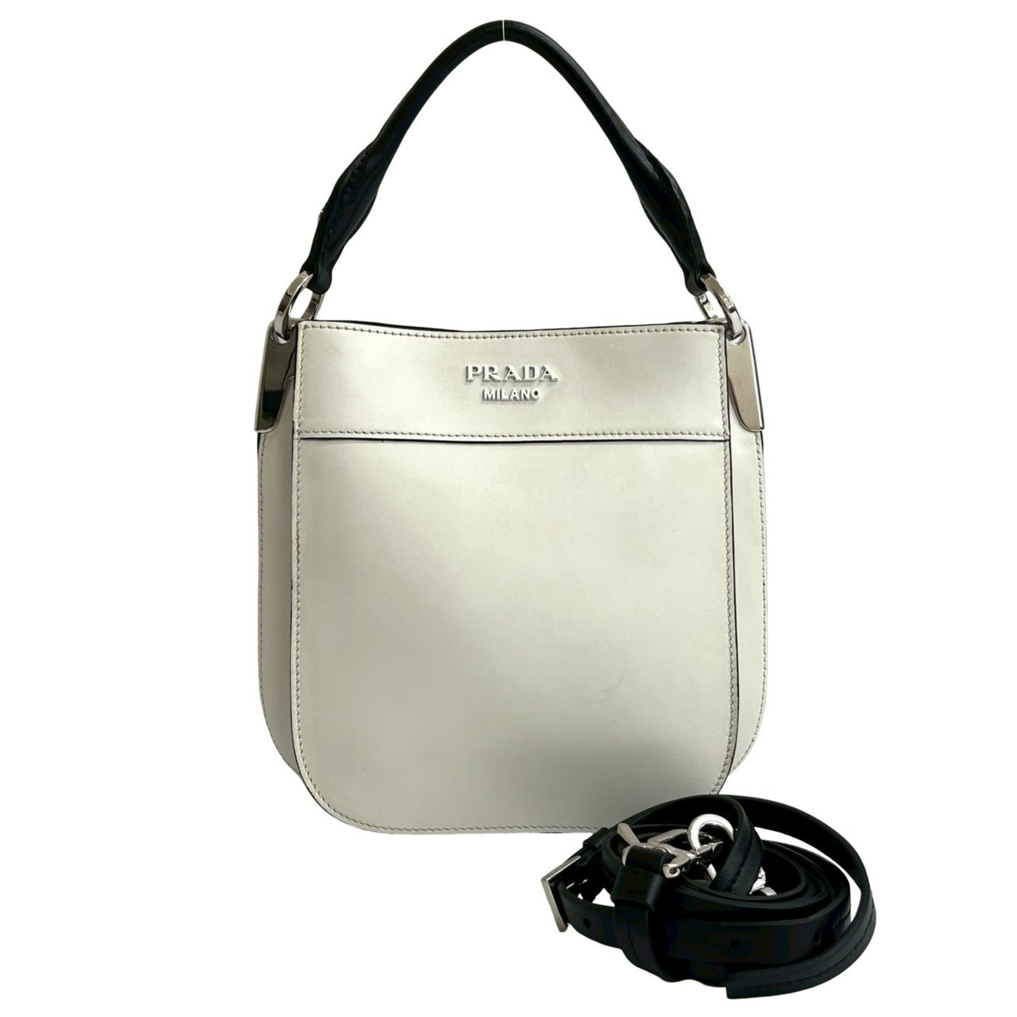PRADA Maggit Logo Leather 2-Way Handbag, Mini Tote Bag, Shoulder White 16510