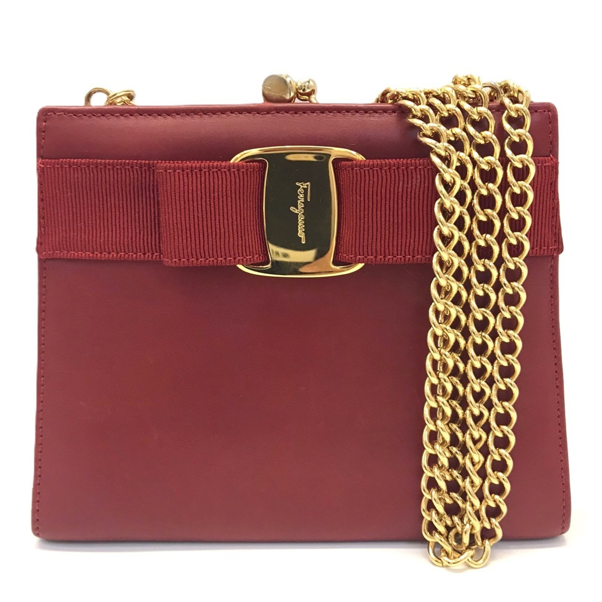 Salvatore Ferragamo Ferragamo Chain Mini Shoulder Bag Vara Ribbon Women’s Pochette Red FERRAGAMO
