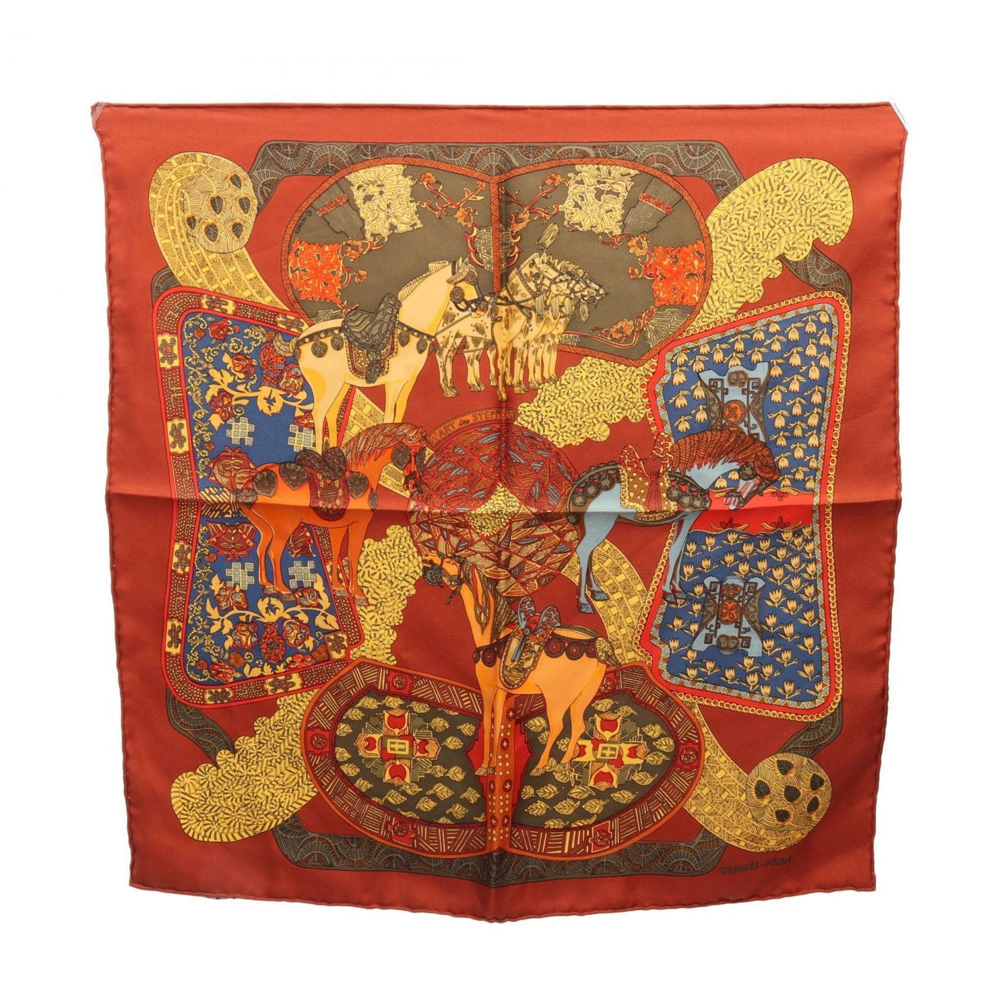 HermÃ¨s HERMES Petit CarrÃ© 45 ART des STEPPES Silk Scarf for Women in Brown Multicolor
