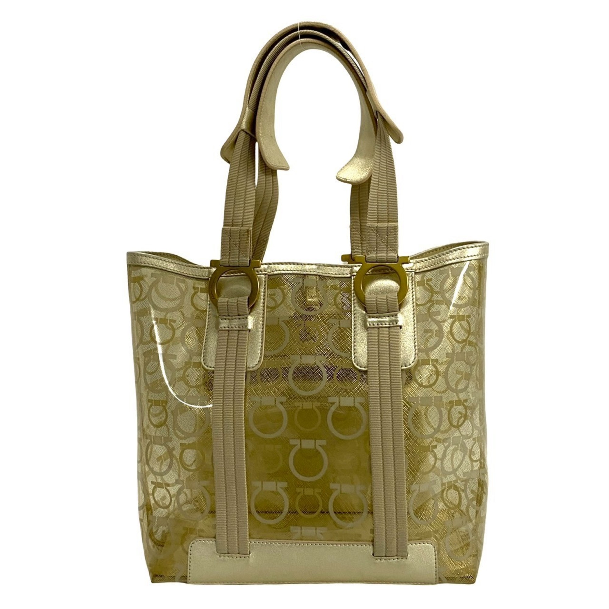 Salvatore Ferragamo Gancini Vinyl and Leather Tote Bag/Handbag in Gold (78937)