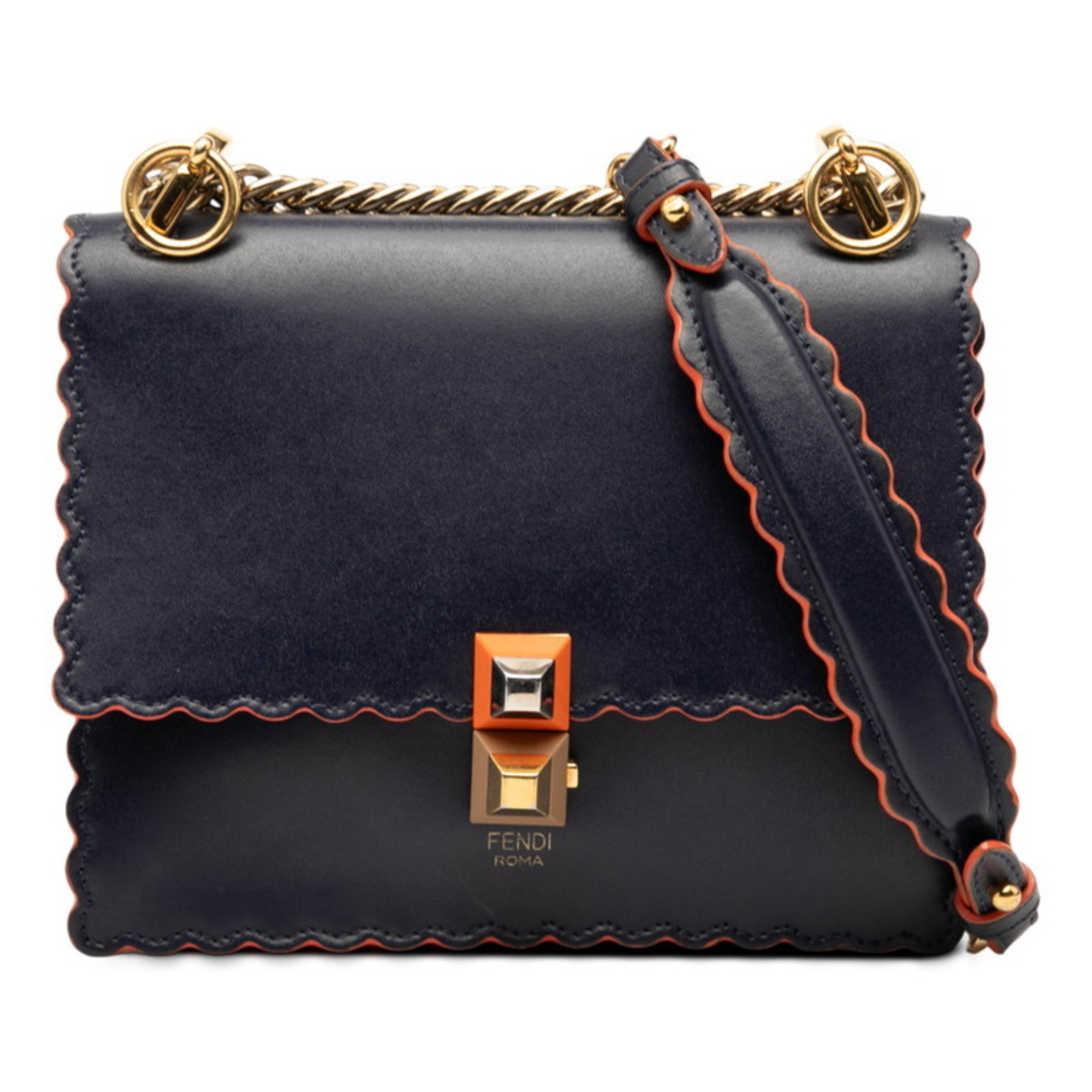 Fendi Canai Chain Shoulder Bag 8M0381 Navy Orange Leather Women’s FENDI