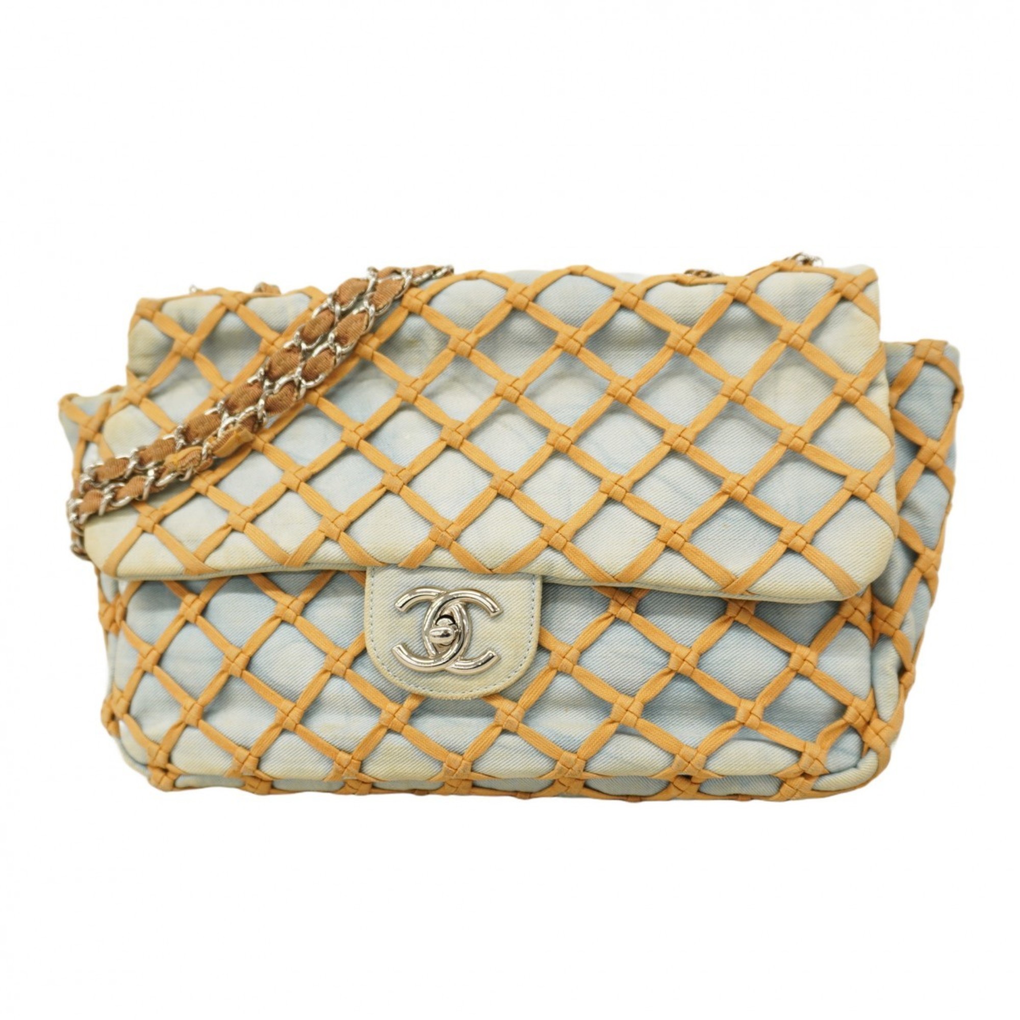 Chanel Shoulder Bag Matelasse W Chain Denim Blue Brown Women’s