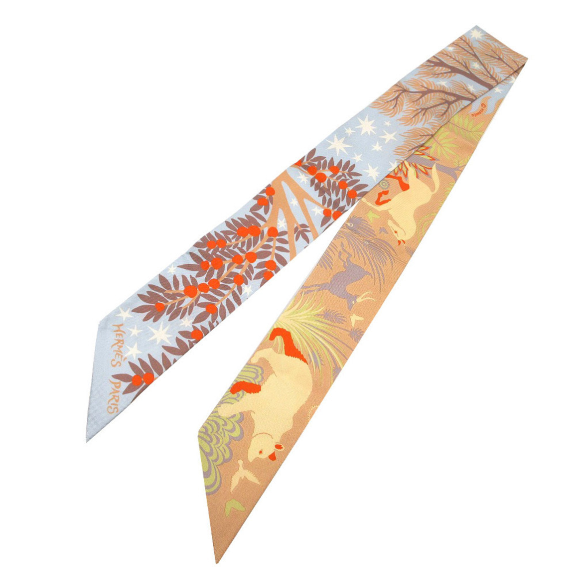 HermÃ¨s Twilly Orpheus Scarf Silk Muffler Ciel/Beige Rose/Vermilion 1287 HERMES