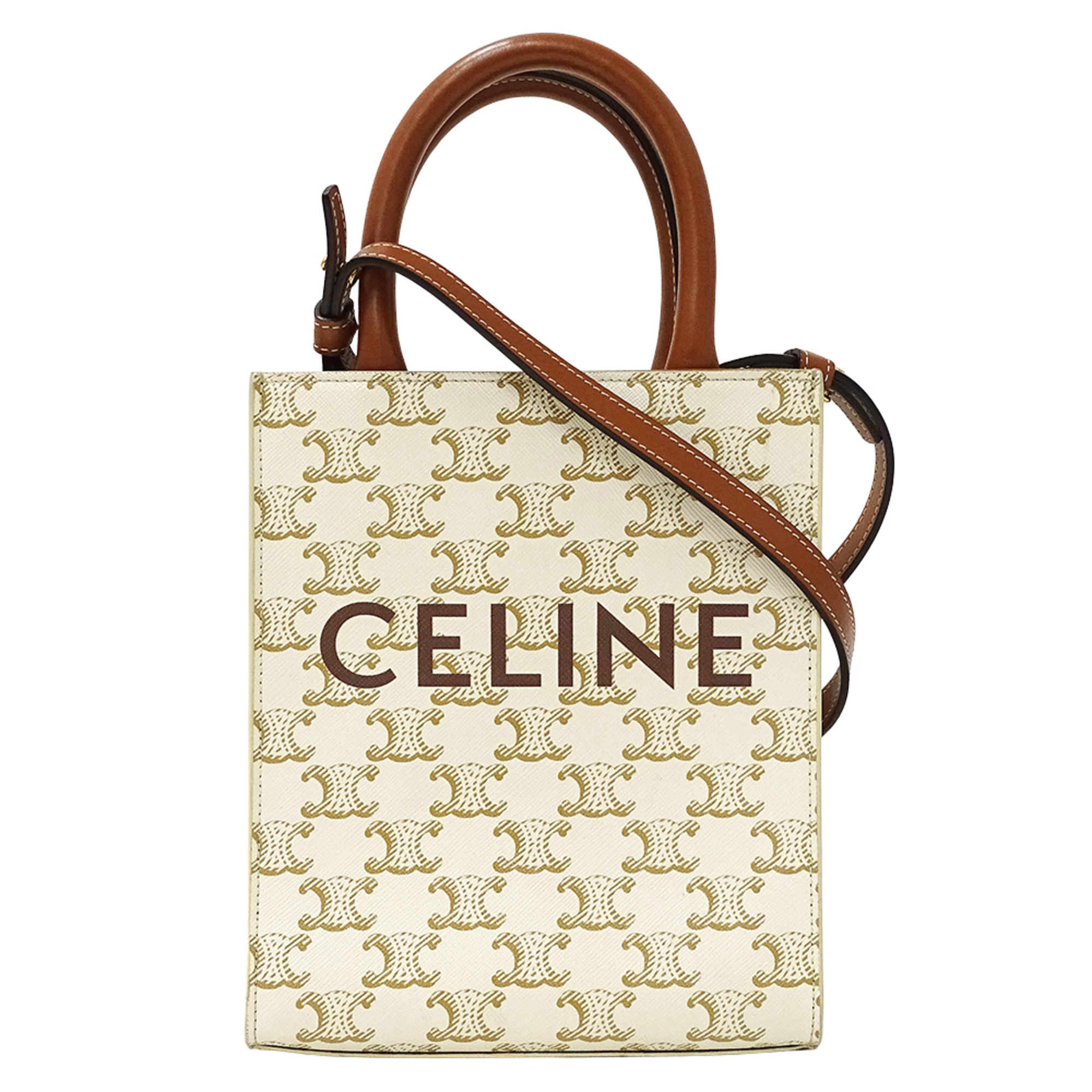 Celine Triomphe Mini Vertical Cabas Bag, Women’s, Handbag/Shoulder 2-Way, White/Brown
