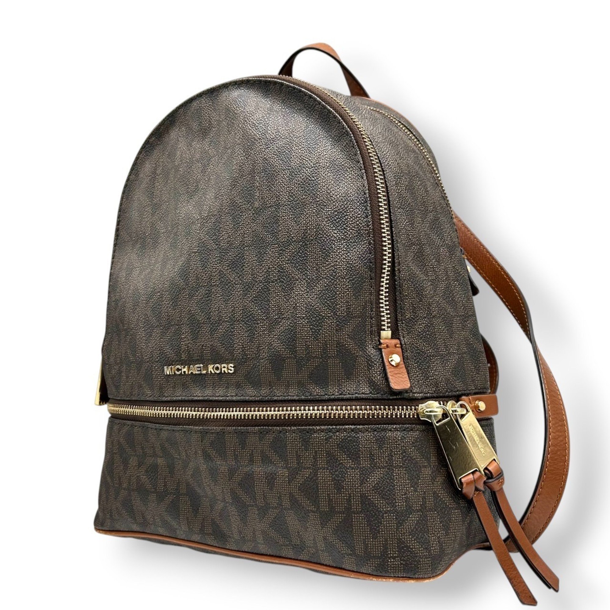 Michael Kors Rear Zip Medium Backpack in Signature MK Pattern, Brown Leather, Women’s