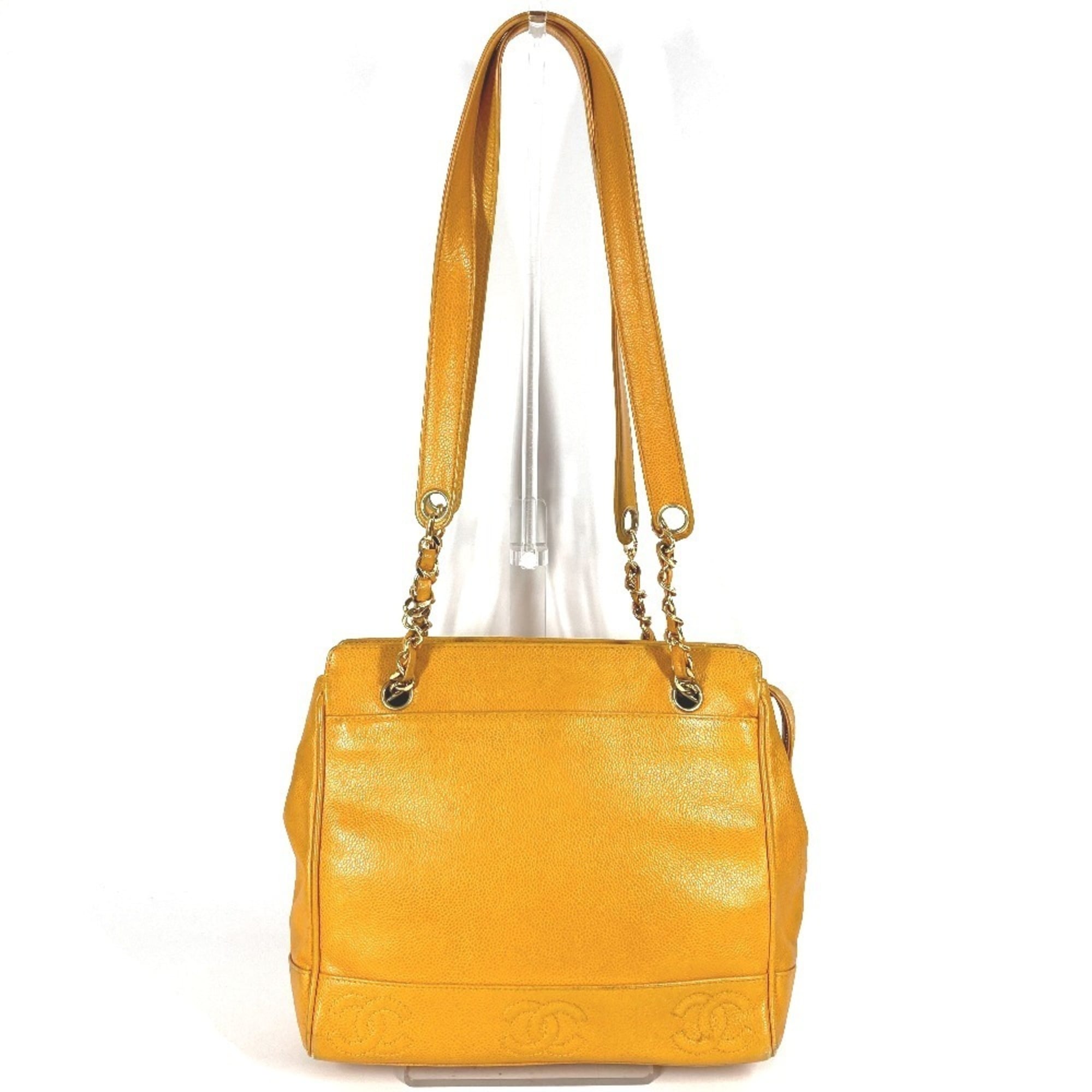 Vintage CHANEL CC Coco Mark Logo Triple Shoulder Tote Bag with Double Chain, Caviar Leather, Yellow
