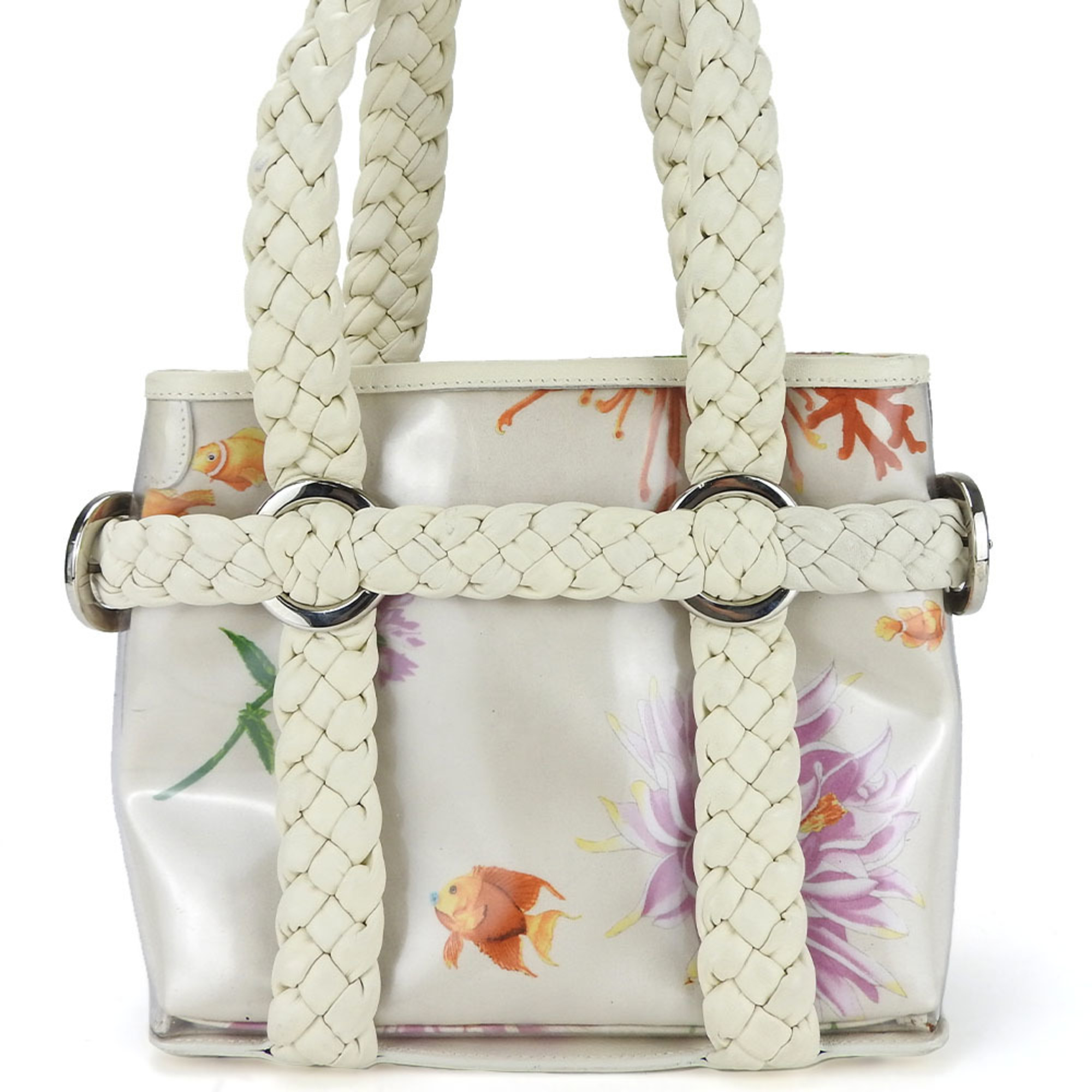 Salvatore Ferragamo Handbag EX-21 5362 Satin Vinyl Leather Ivory Multicolor Flower Fish Women’s