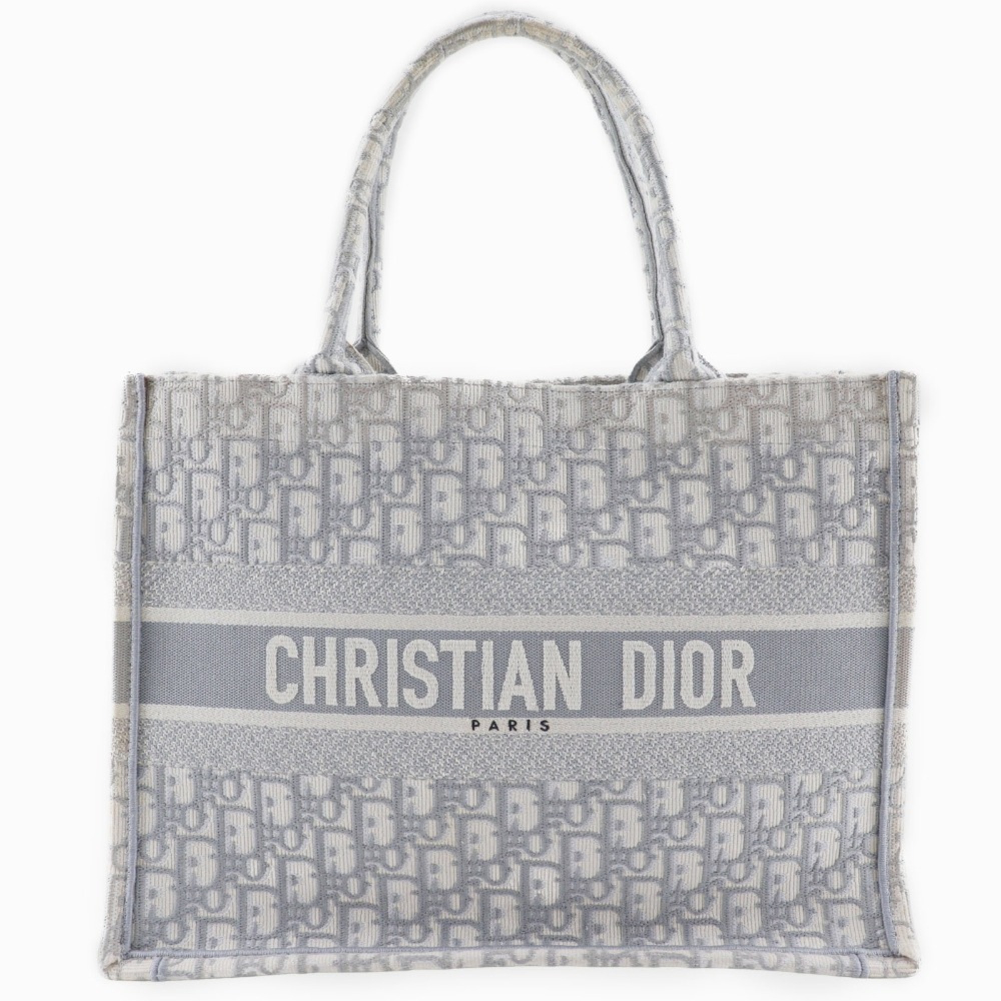 Christian Dior Book Tote Medium Bag, Oblique Embroidery, Cotton, Made in Italy, Light Gray, A4 Size, Open, Women’s