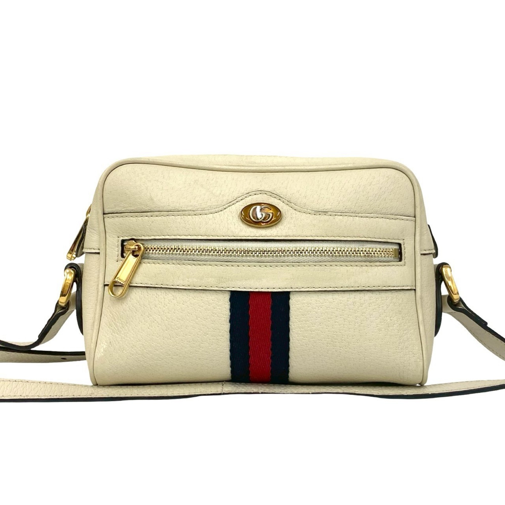GUCCI Ophidia Sherry Line Leather Mini Shoulder Bag/Pochette in Ivory, Navy, and Red (36378)