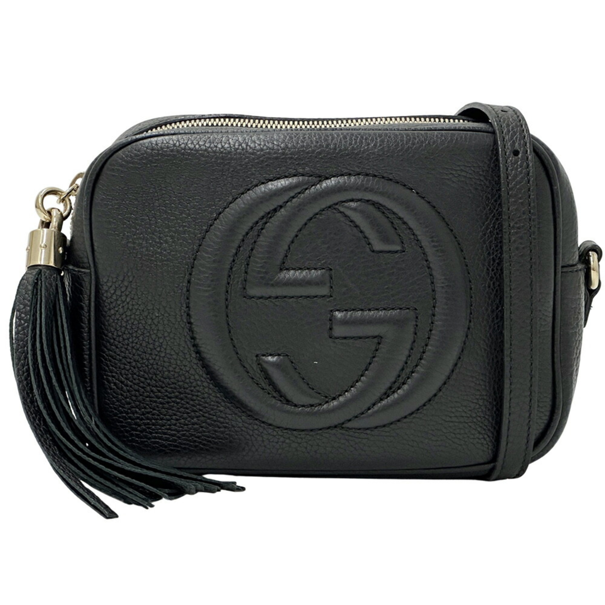 GUCCI Women’s Soho Shoulder Bag Leather Black 303364 Tassel Interlocking G