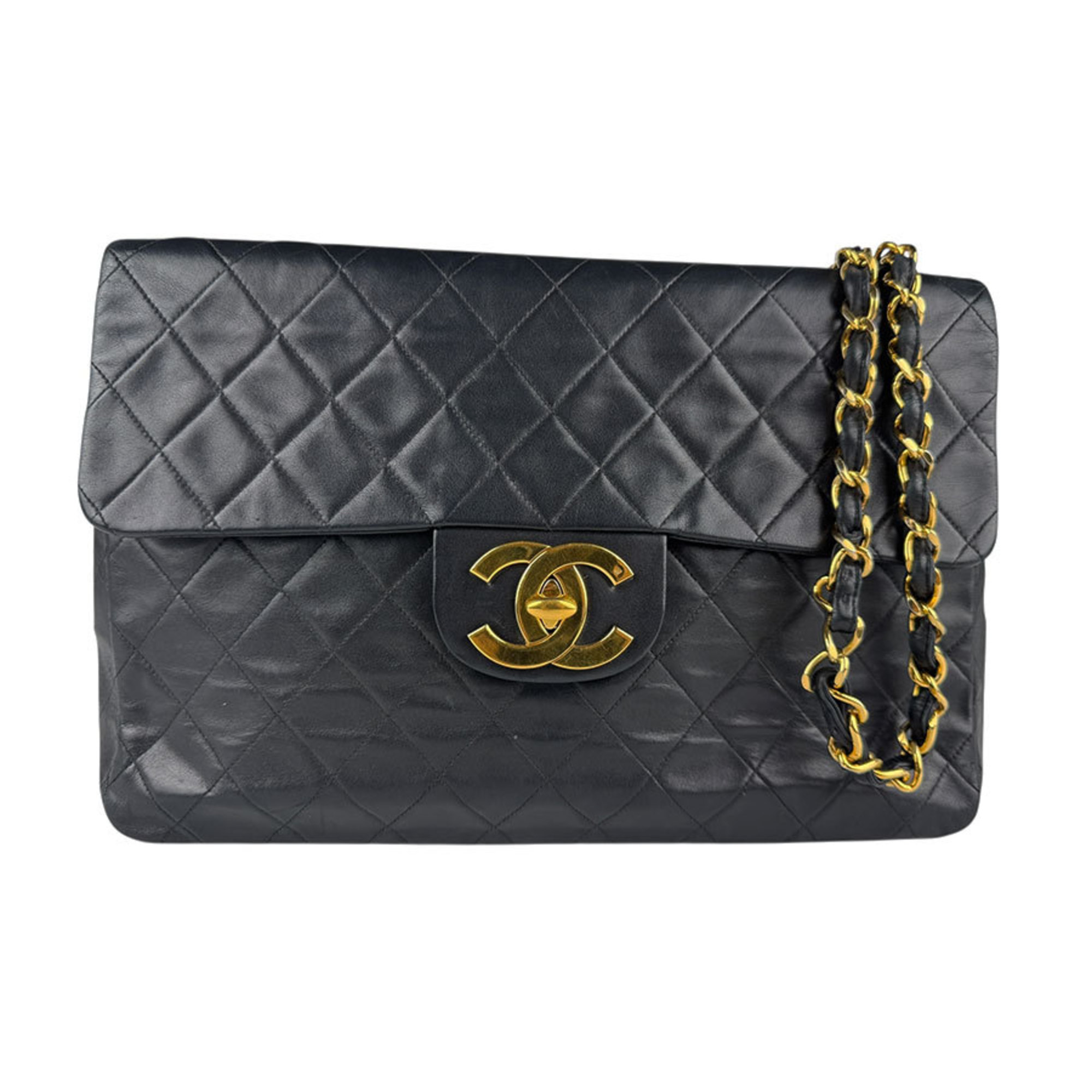 CHANEL Deca Matelasse Shoulder Bag, Leather, Metal, Black, Gold, Women’s, z6962
