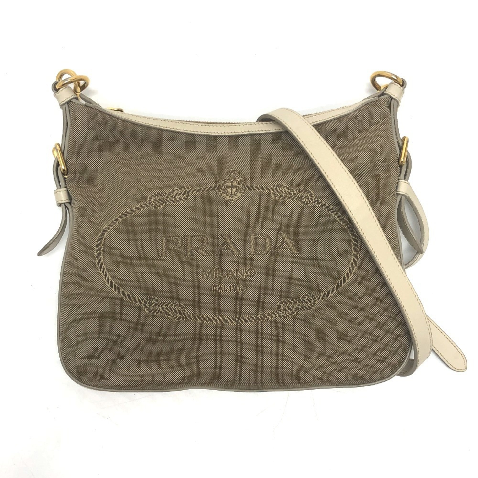 PRADA BT0706 Logo Jacquard Shoulder Bag in Canvas/Leather, Beige