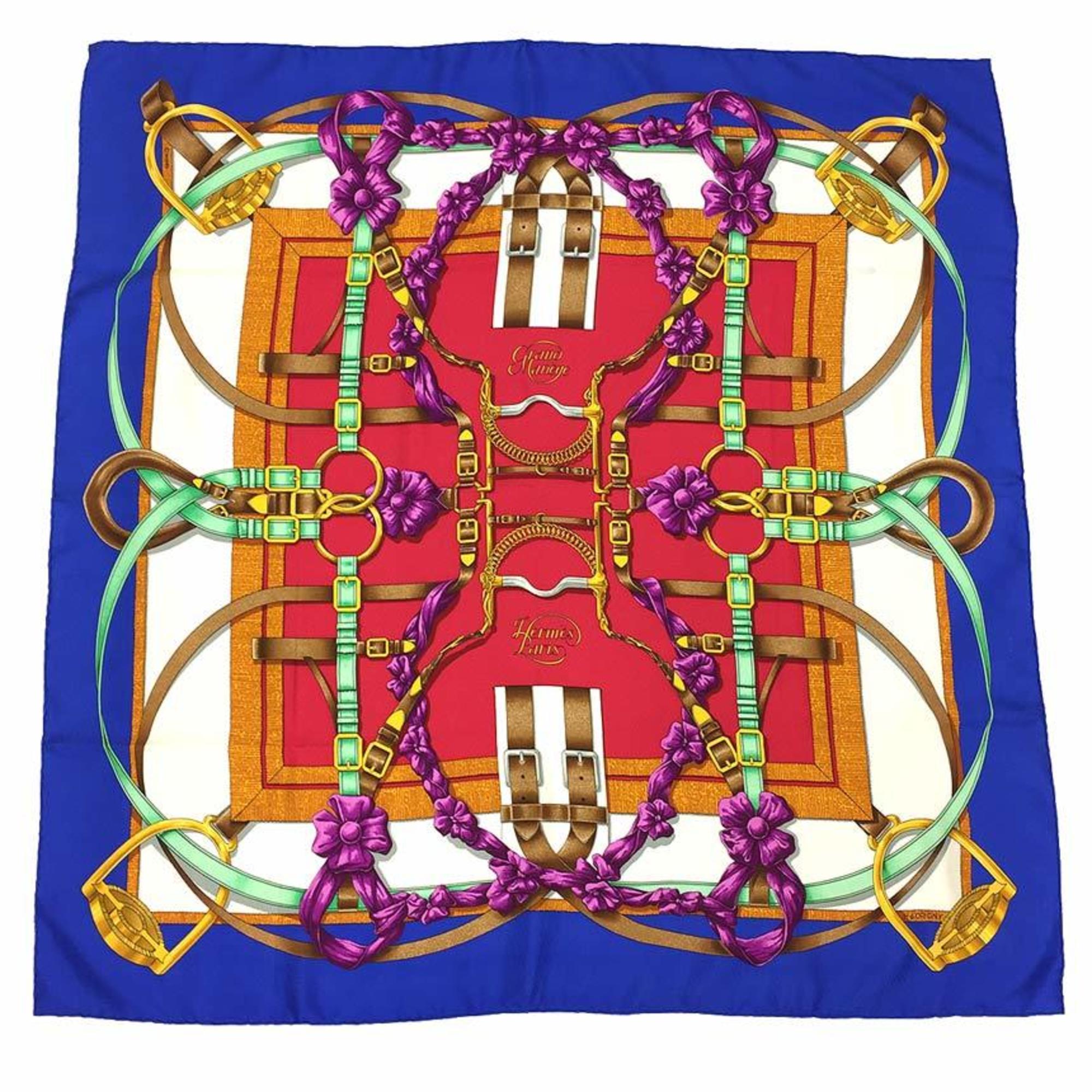 HERMES Hermes Carre 90 Scarf Muffler Grand Manege Great Training Technique Blue x Ivory Red 100% Silk