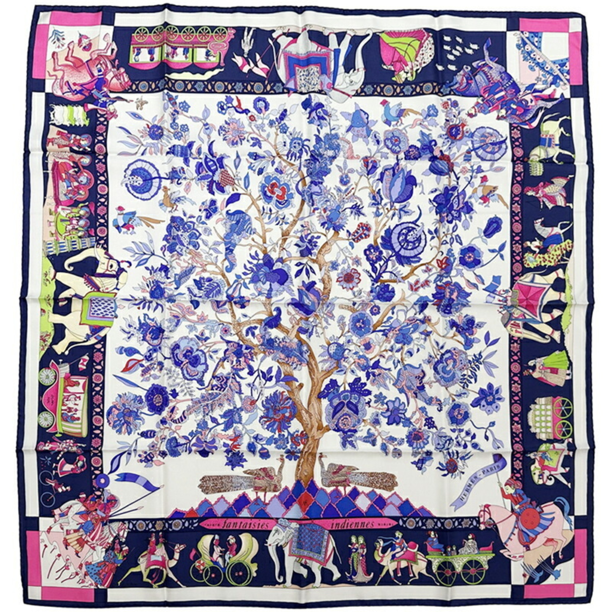 Hermes Scarf Muffler Carre 90 Fantaisies indiennes Dazzling India Women’s Silk Navy Pink White Blue Animal Horse Statue Plant