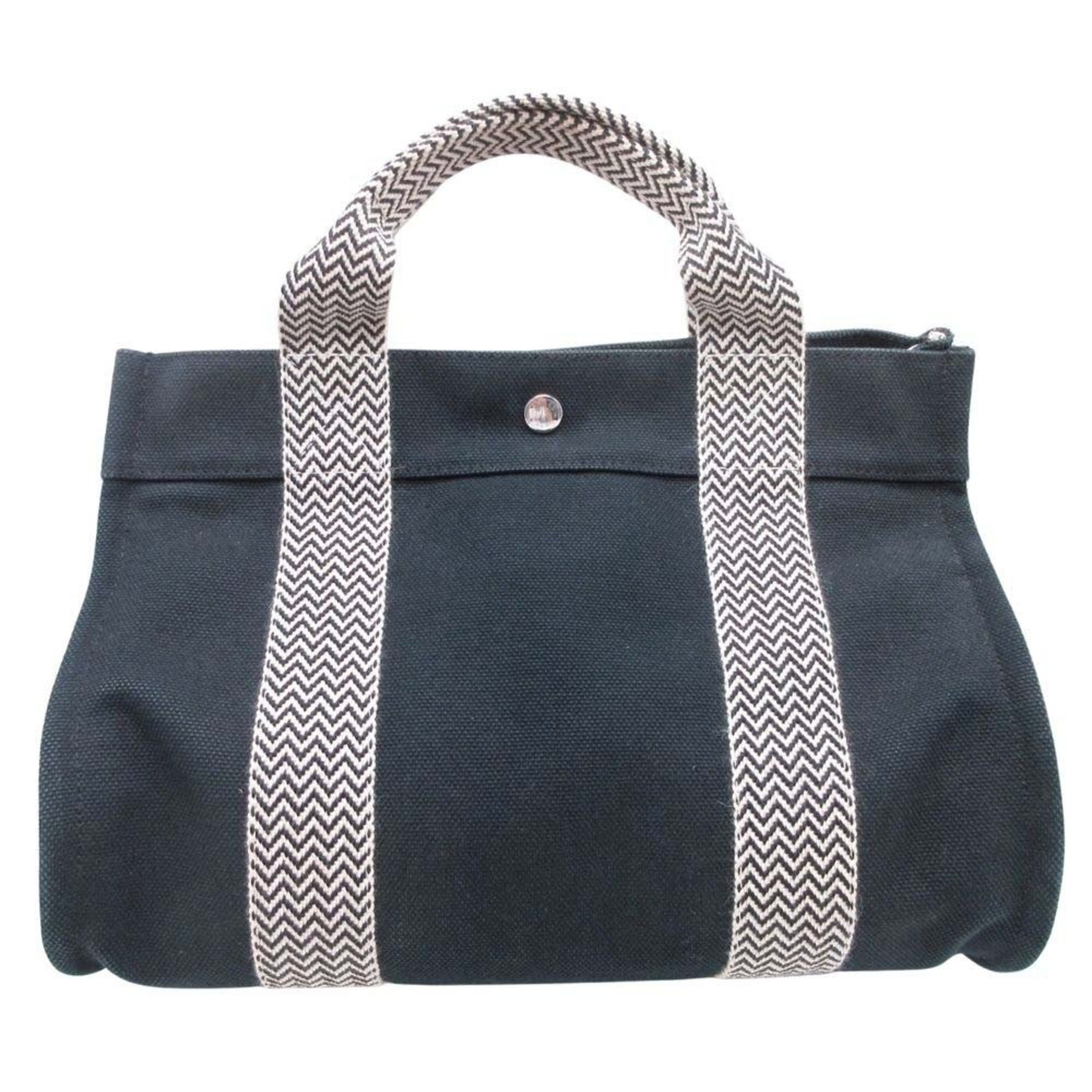 HERMES Cannes PM Handbag Tote Canvas Herringbone with Pouch, Black/Ivory, Women’s